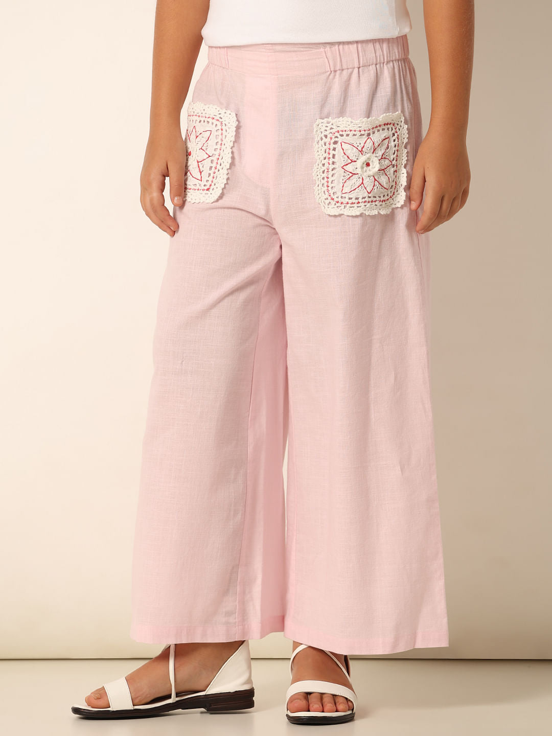Pink Crochet Pocket Wide Leg Pants