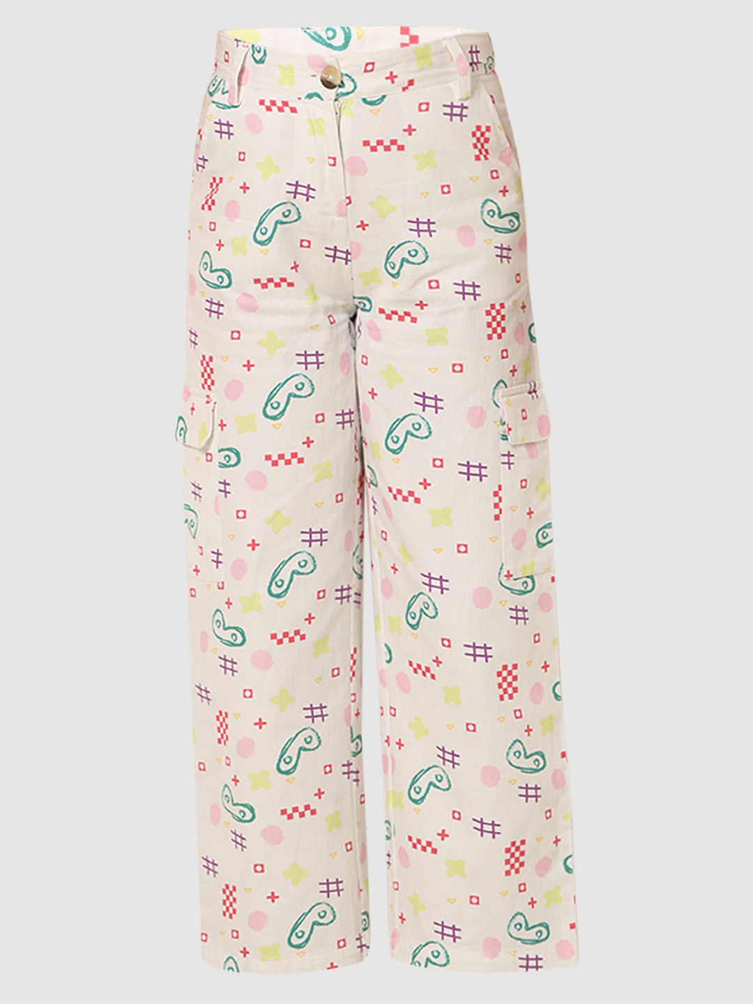 Girl White Mid Rise Printed Wide Leg Pants