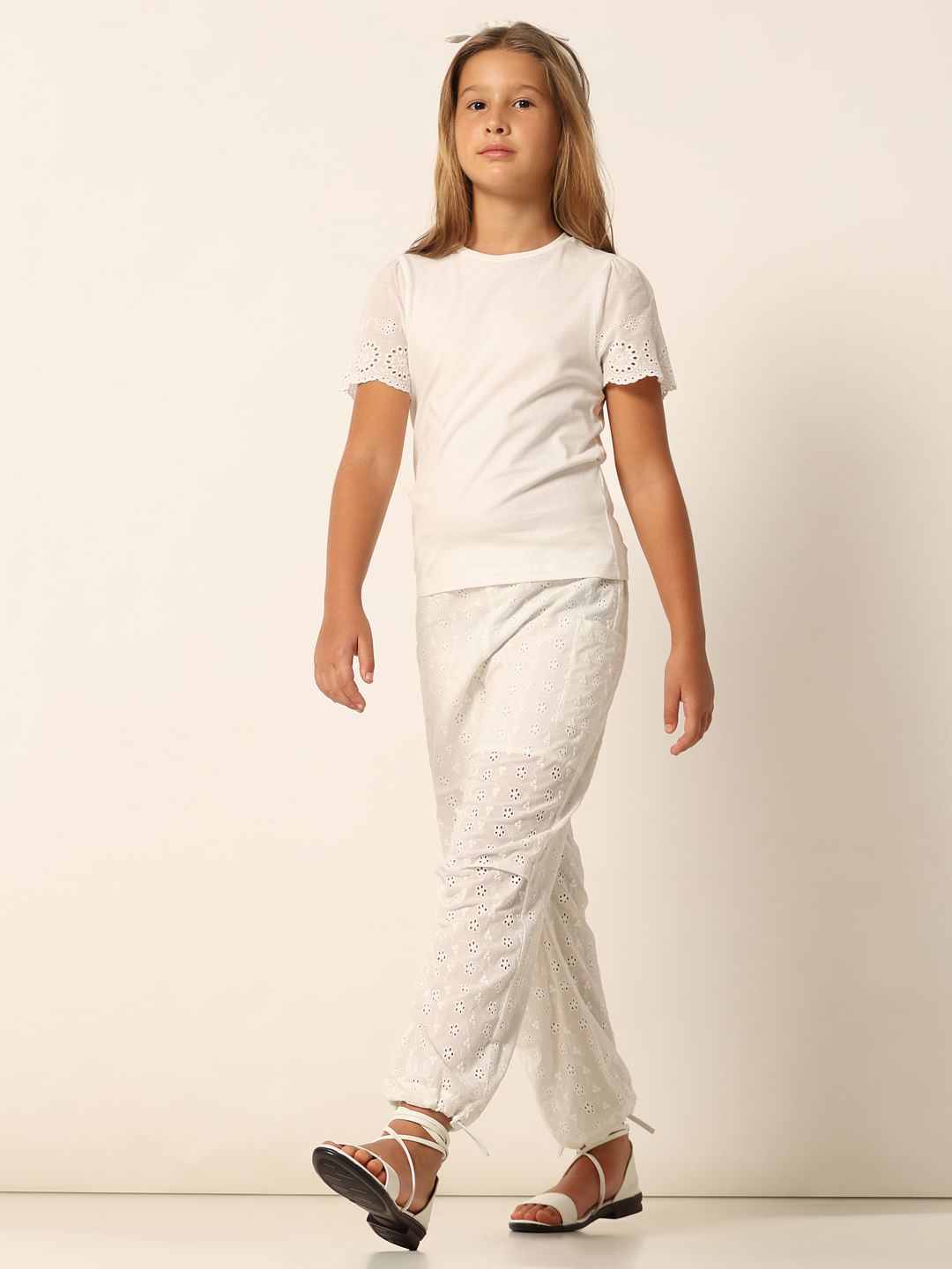 White Schiffli Cotton Joggers