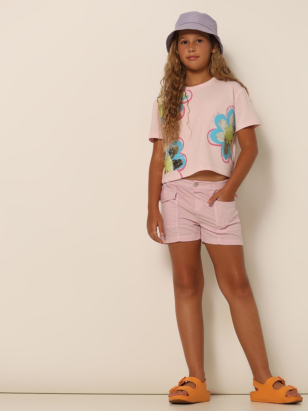 Girls Pink Mid Rise Cargo Shorts