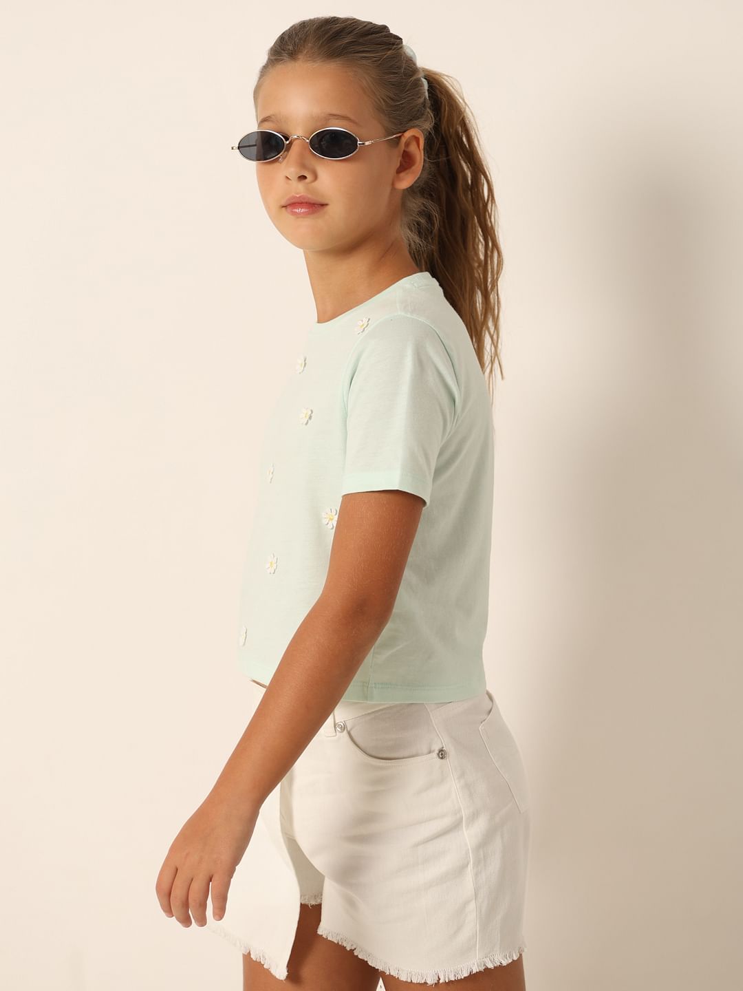 Mint Green Floral Motif T-Shirt