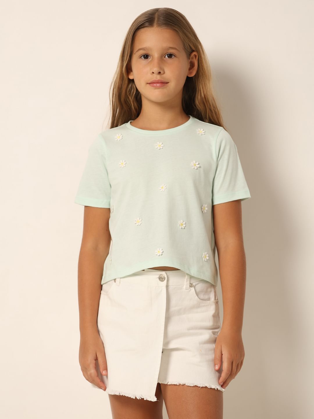 Mint Green Floral Motif T-Shirt