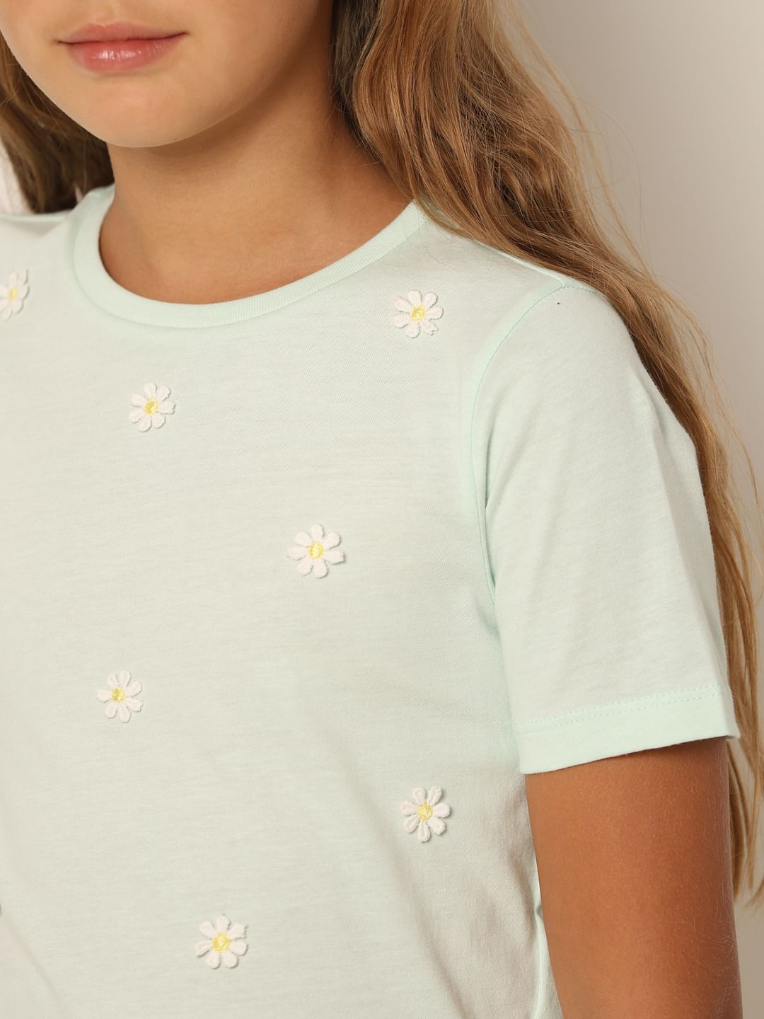 Mint Green Floral Motif T-Shirt