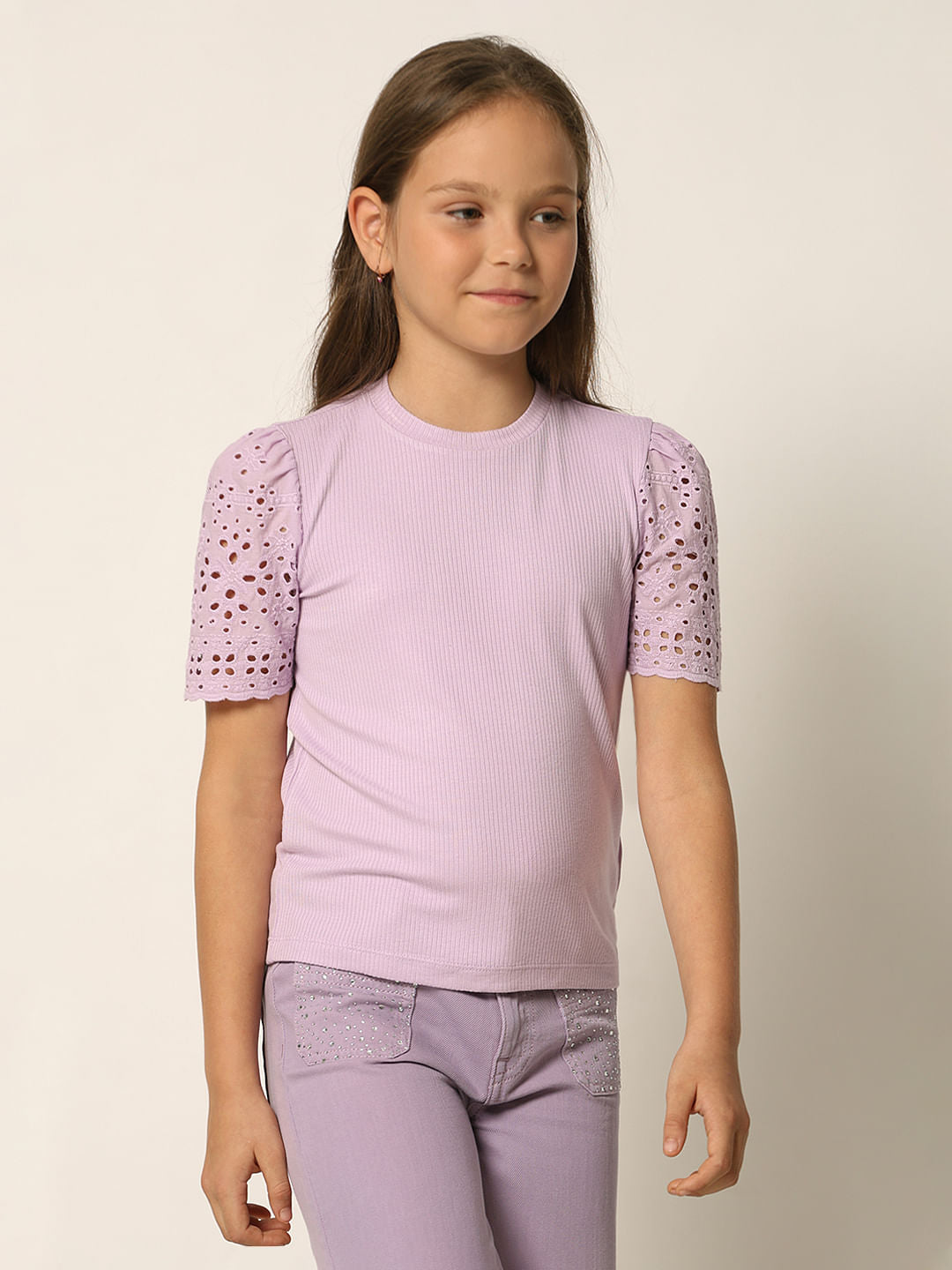 Purple Ribbed Schiffli T-Shirt