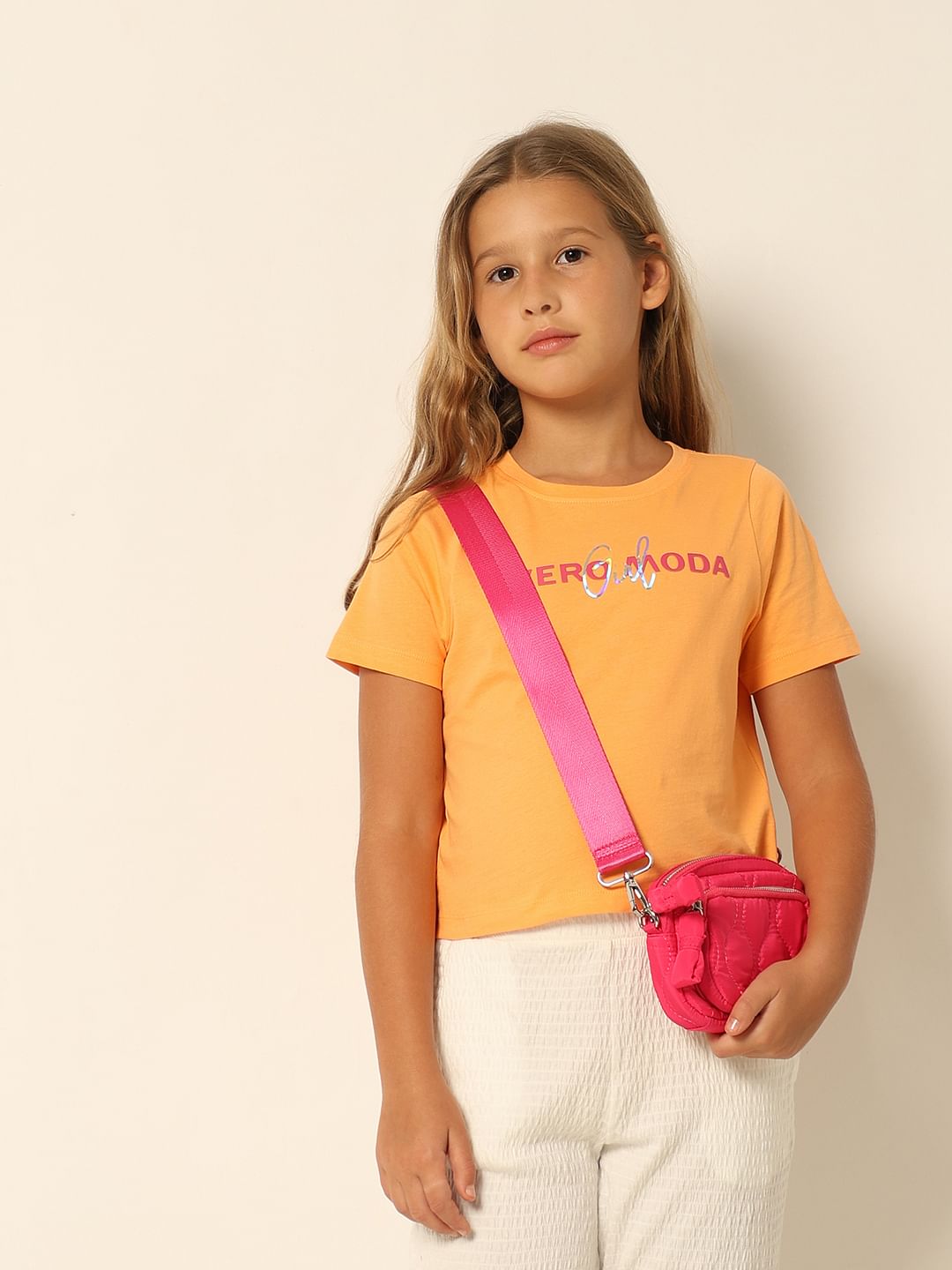 Orange Logo Print Cropped T-Shirt