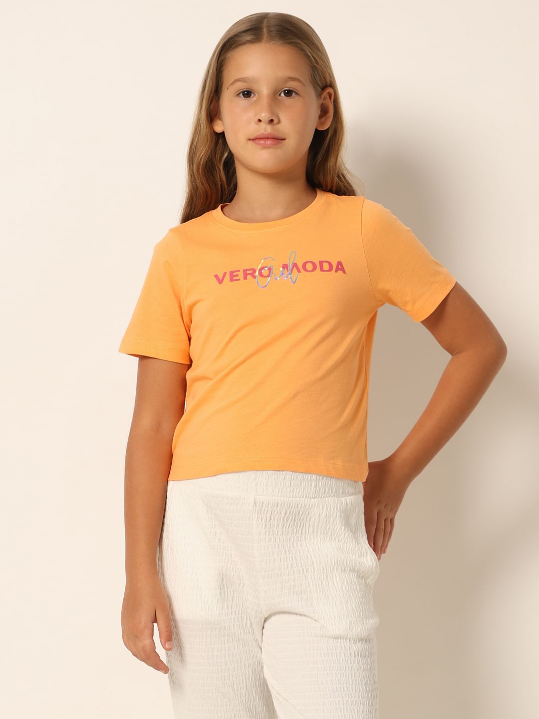 Orange Logo Print Cropped T-Shirt