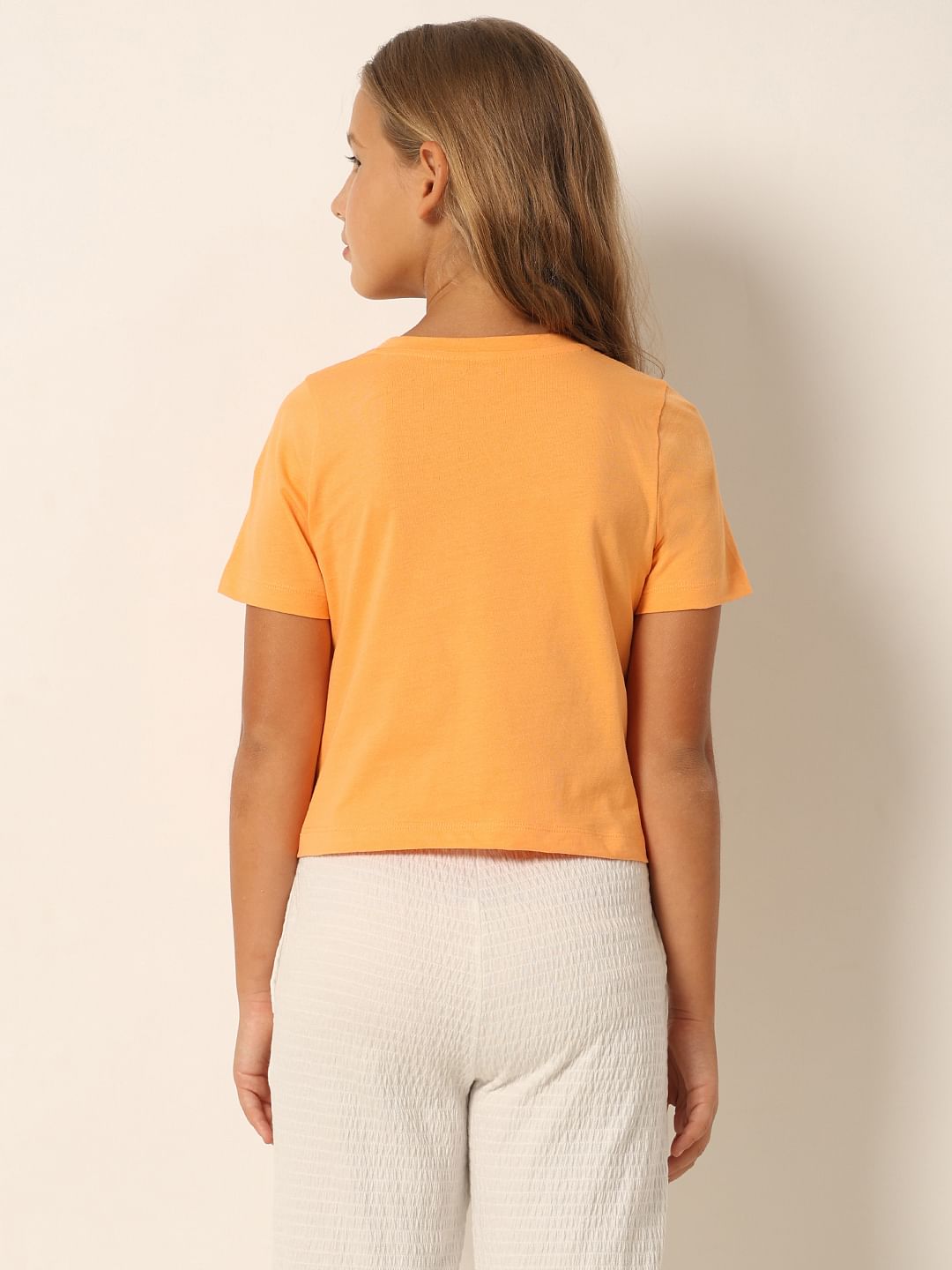 Orange Logo Print Cropped T-Shirt