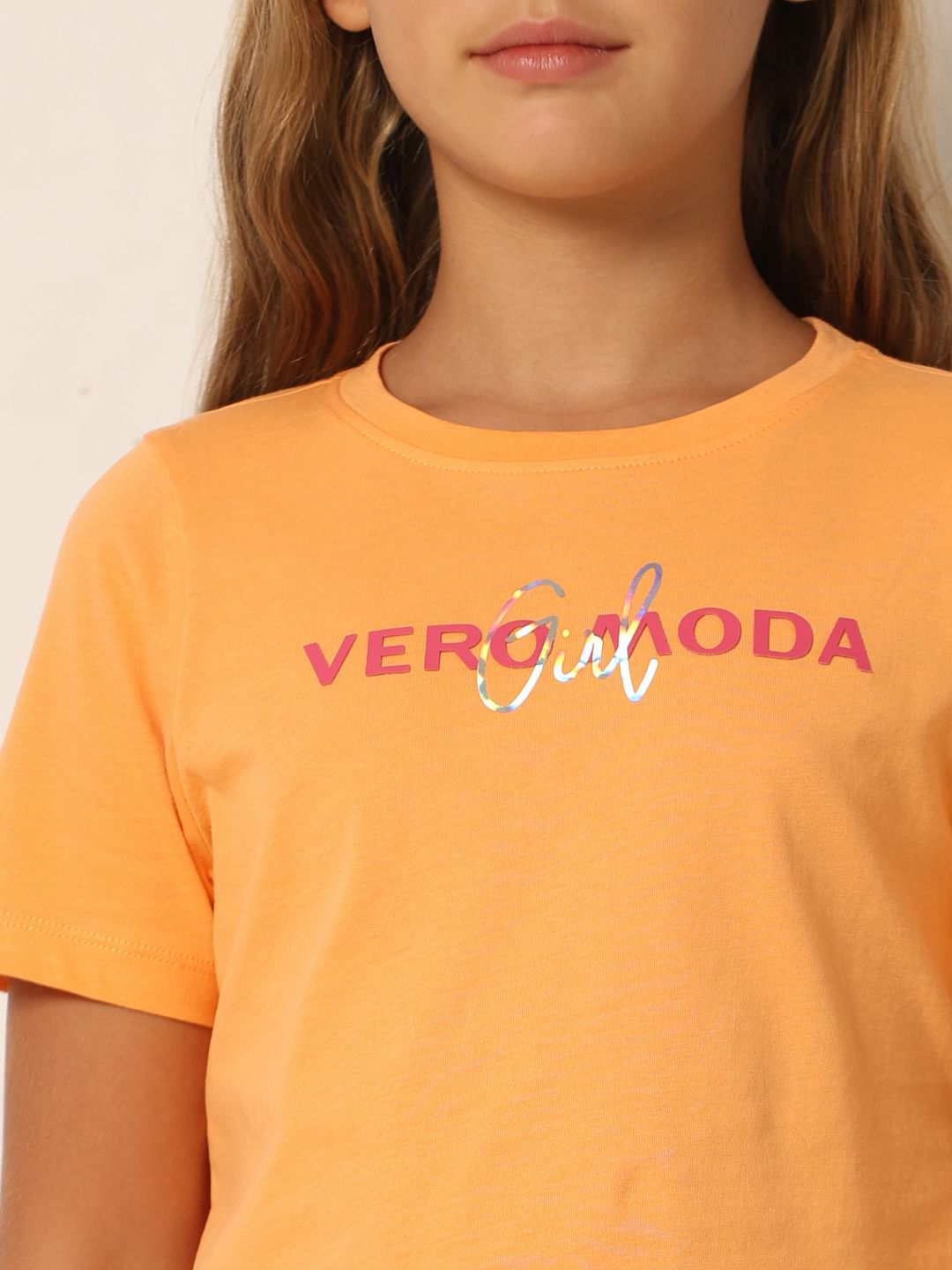 Orange Logo Print Cropped T-Shirt