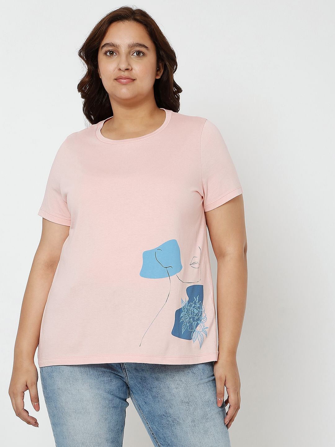 Curve Light Pink Printed T-Shirt