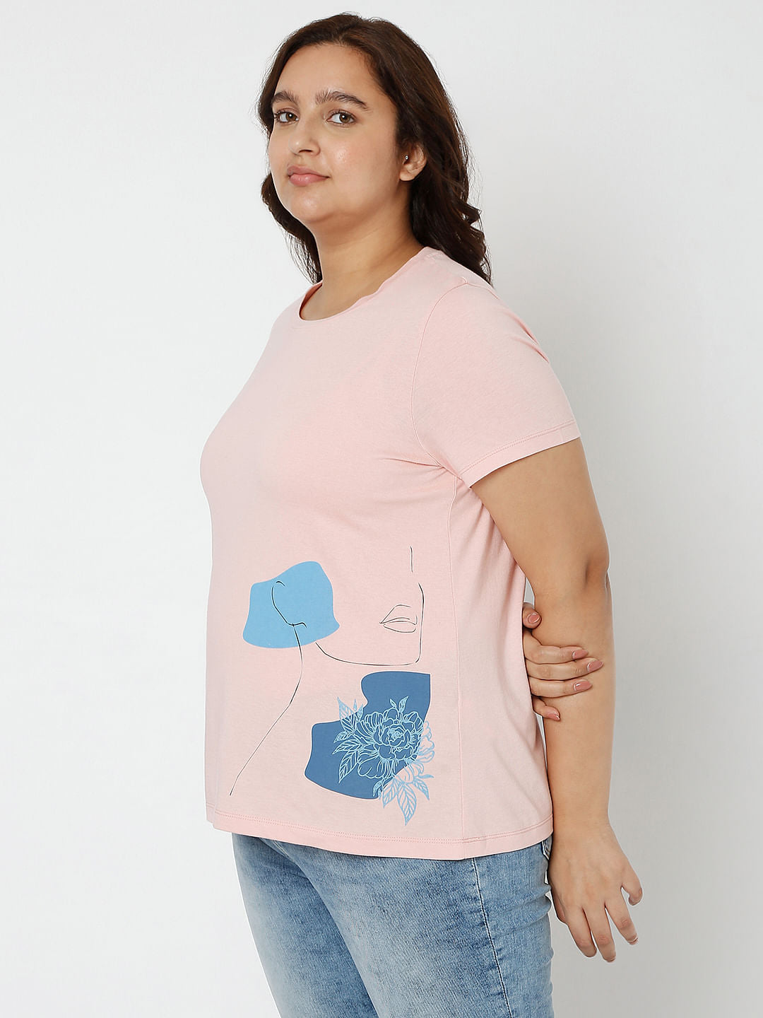 Curve Light Pink Printed T-Shirt