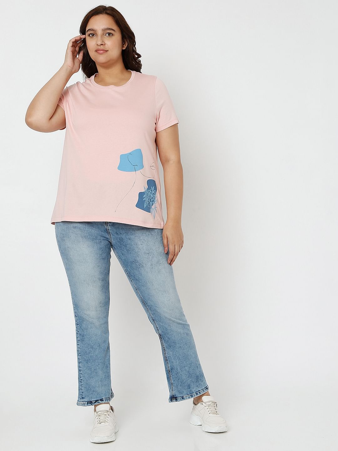 Curve Light Pink Printed T-Shirt
