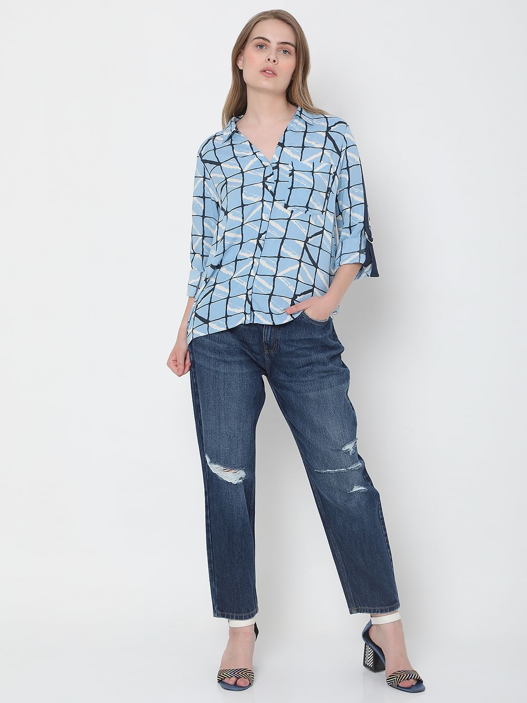 Blue Grid Print Shirt