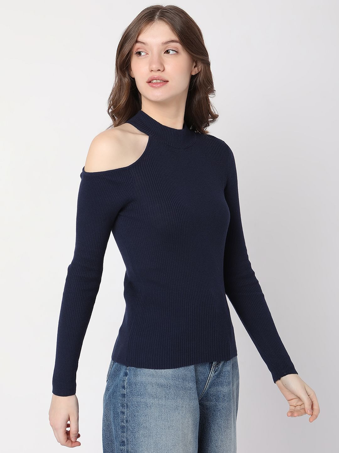 Navy Blue Cut-Shoulder Sweater