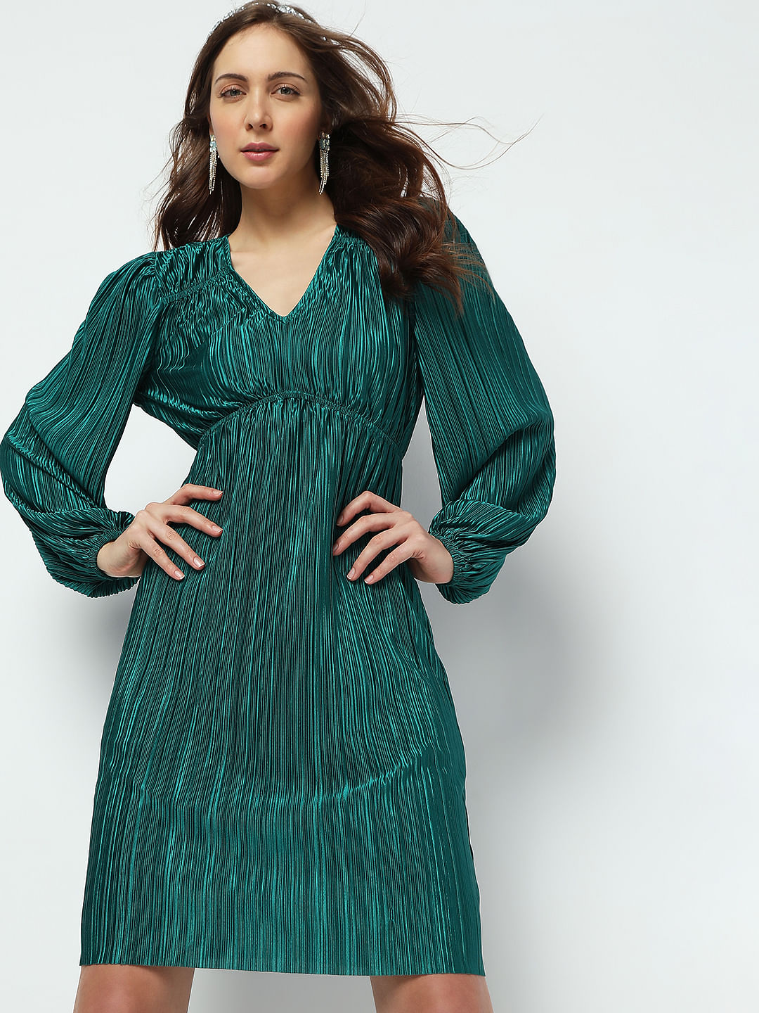 Green Plisse Shift Dress