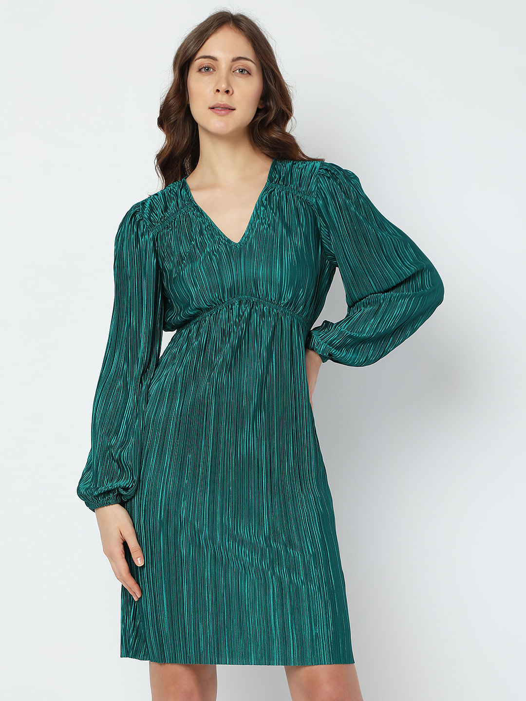 Green Plisse Shift Dress
