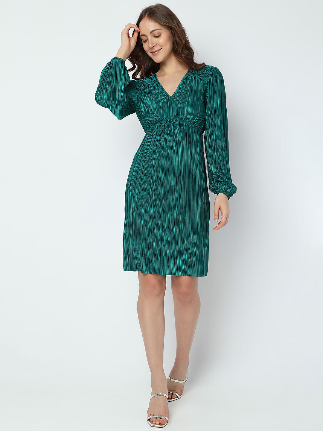 Green Plisse Shift Dress
