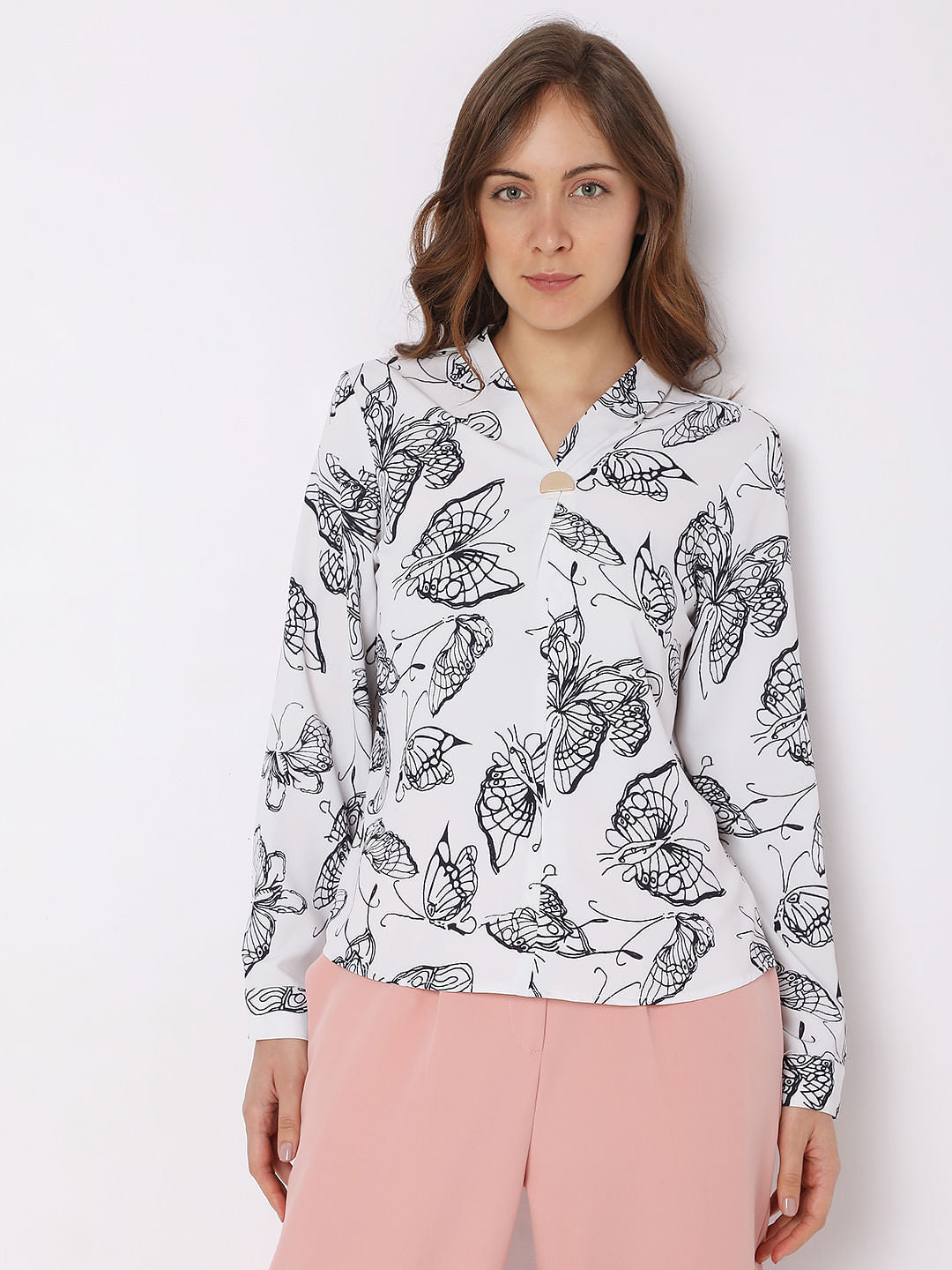 White Butterfly Print Top
