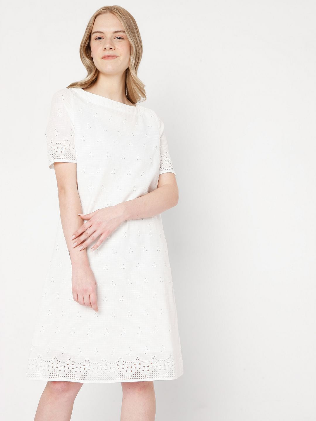 White Schiffli Emboridered Dress