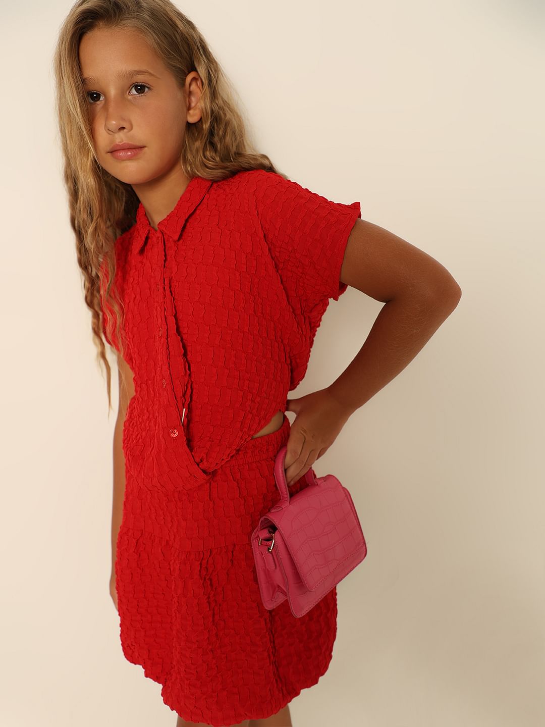 Girls Red Co-Ord Set Shirt