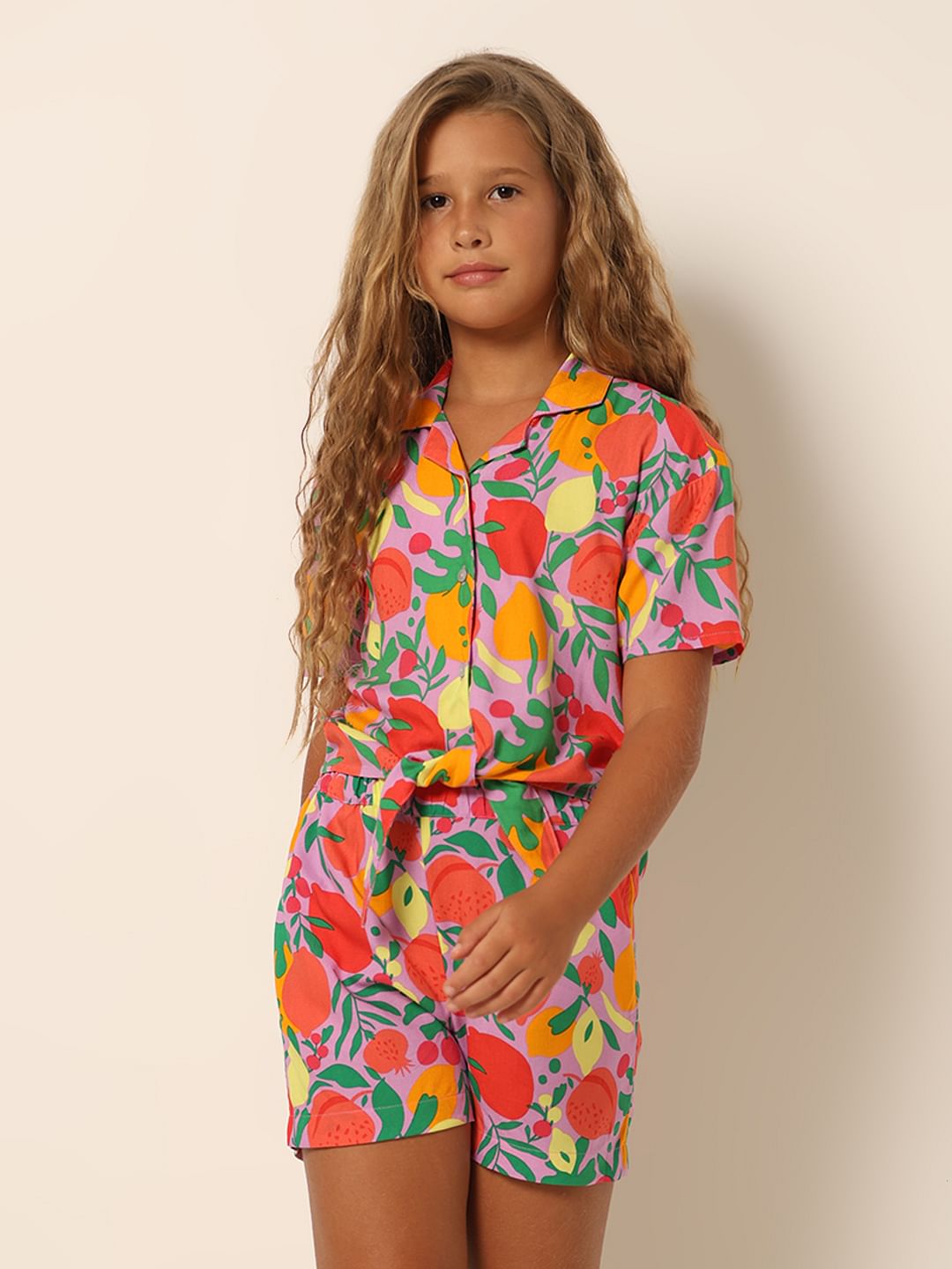 Girls Purple Printed Co-Ord Set Shirt