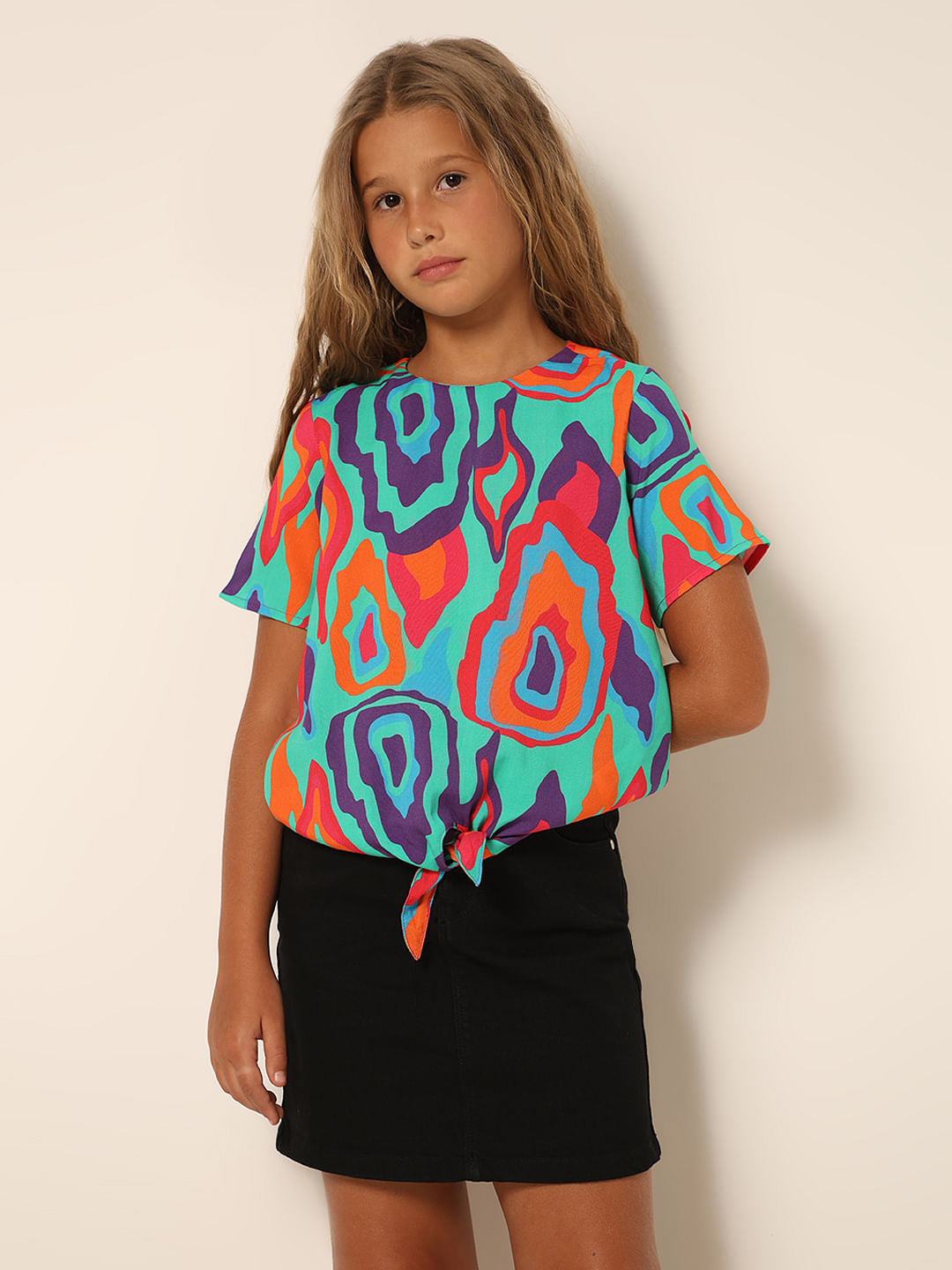 Girls Green Printed Front Tie-Up Top