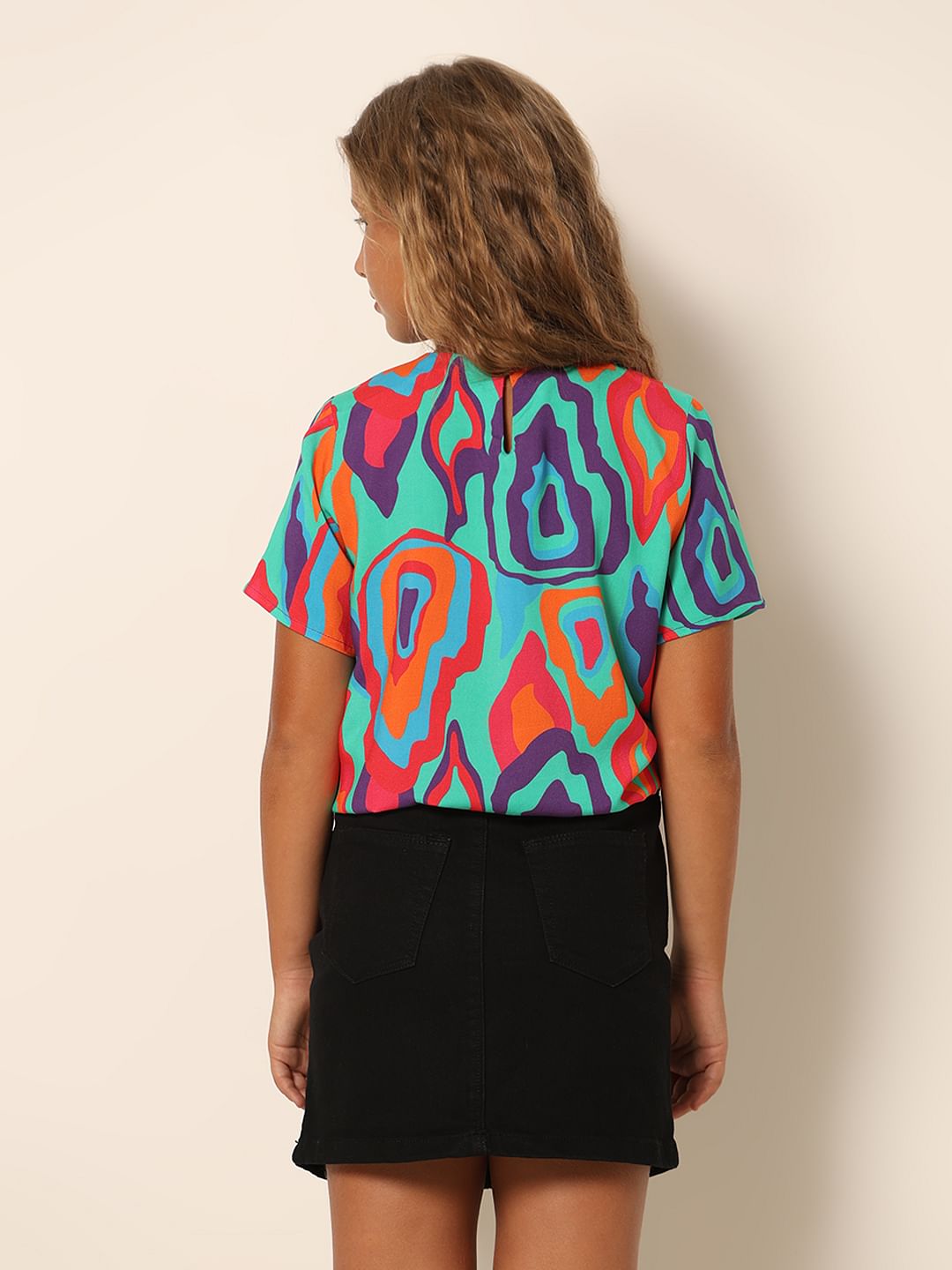 Girls Green Printed Front Tie-Up Top