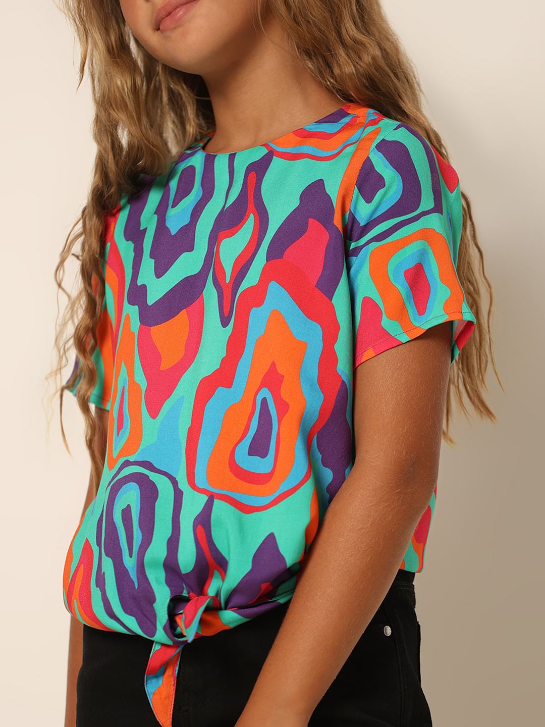 Girls Green Printed Front Tie-Up Top