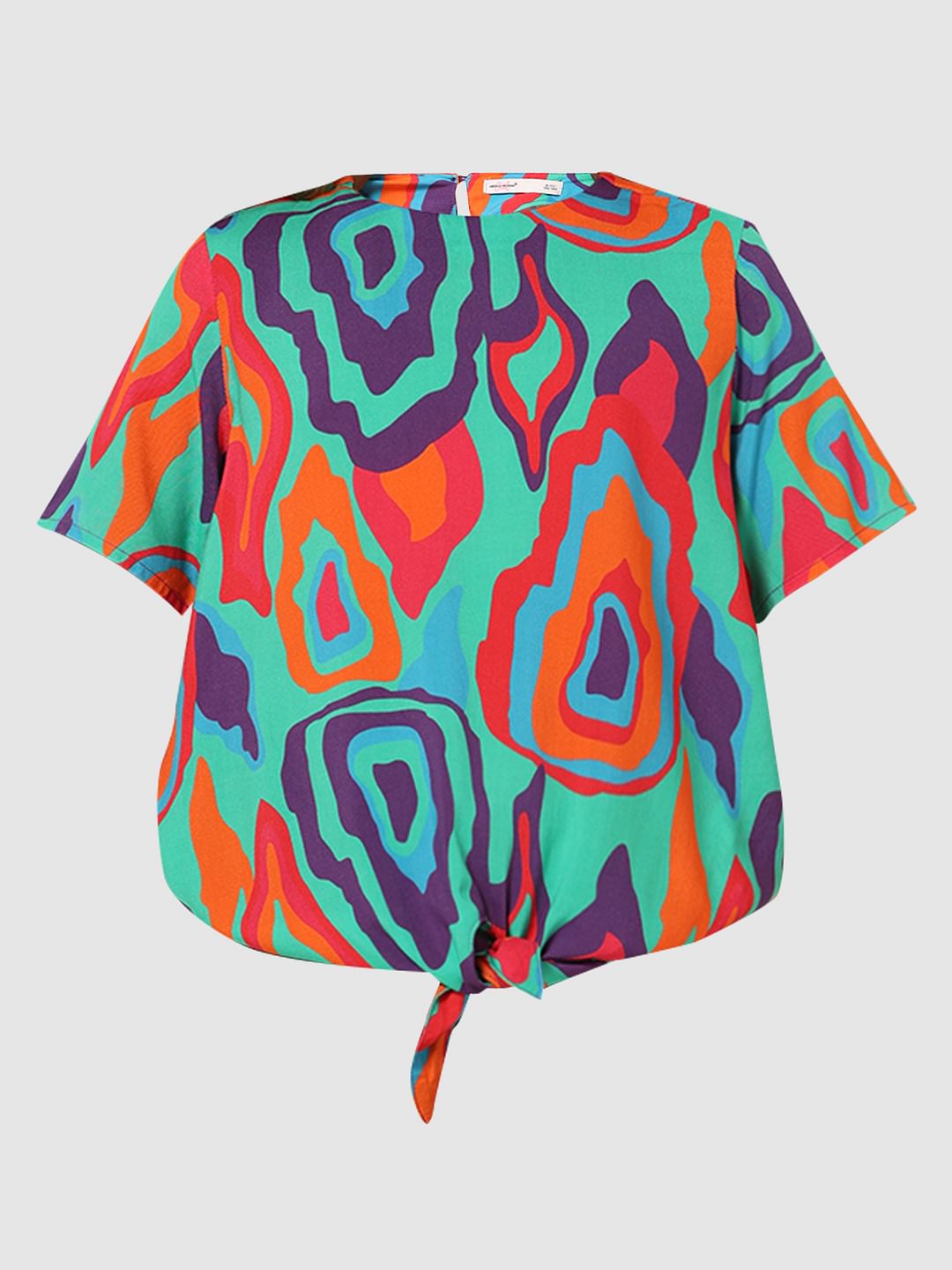 Girls Green Printed Front Tie-Up Top