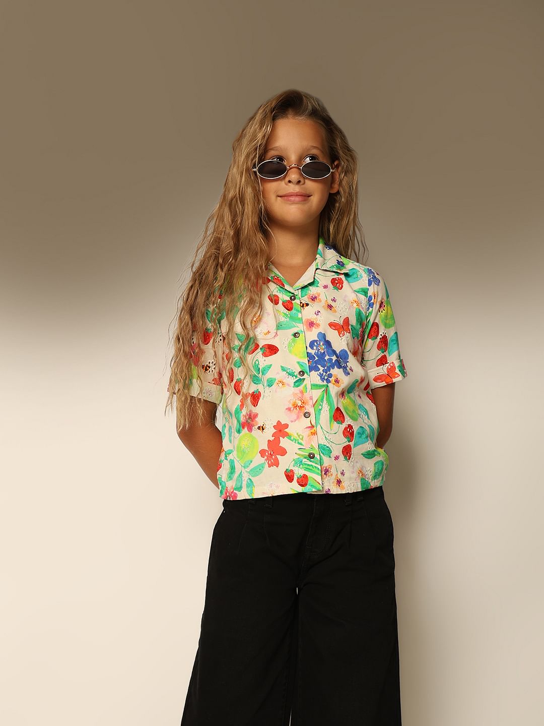 Girls White Floral Resort Shirt