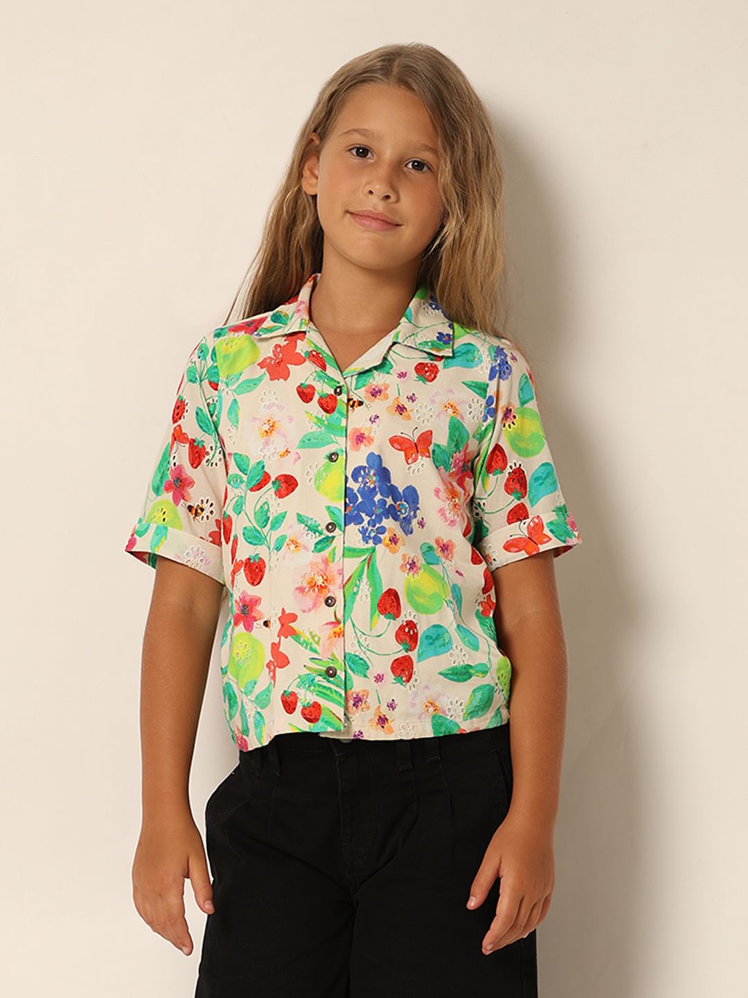 Girls White Floral Resort Shirt