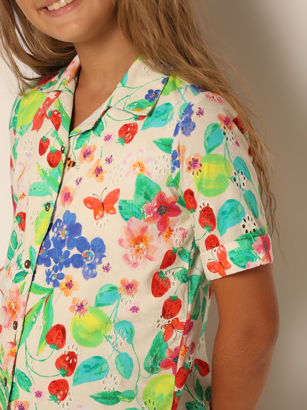 Girls White Floral Resort Shirt