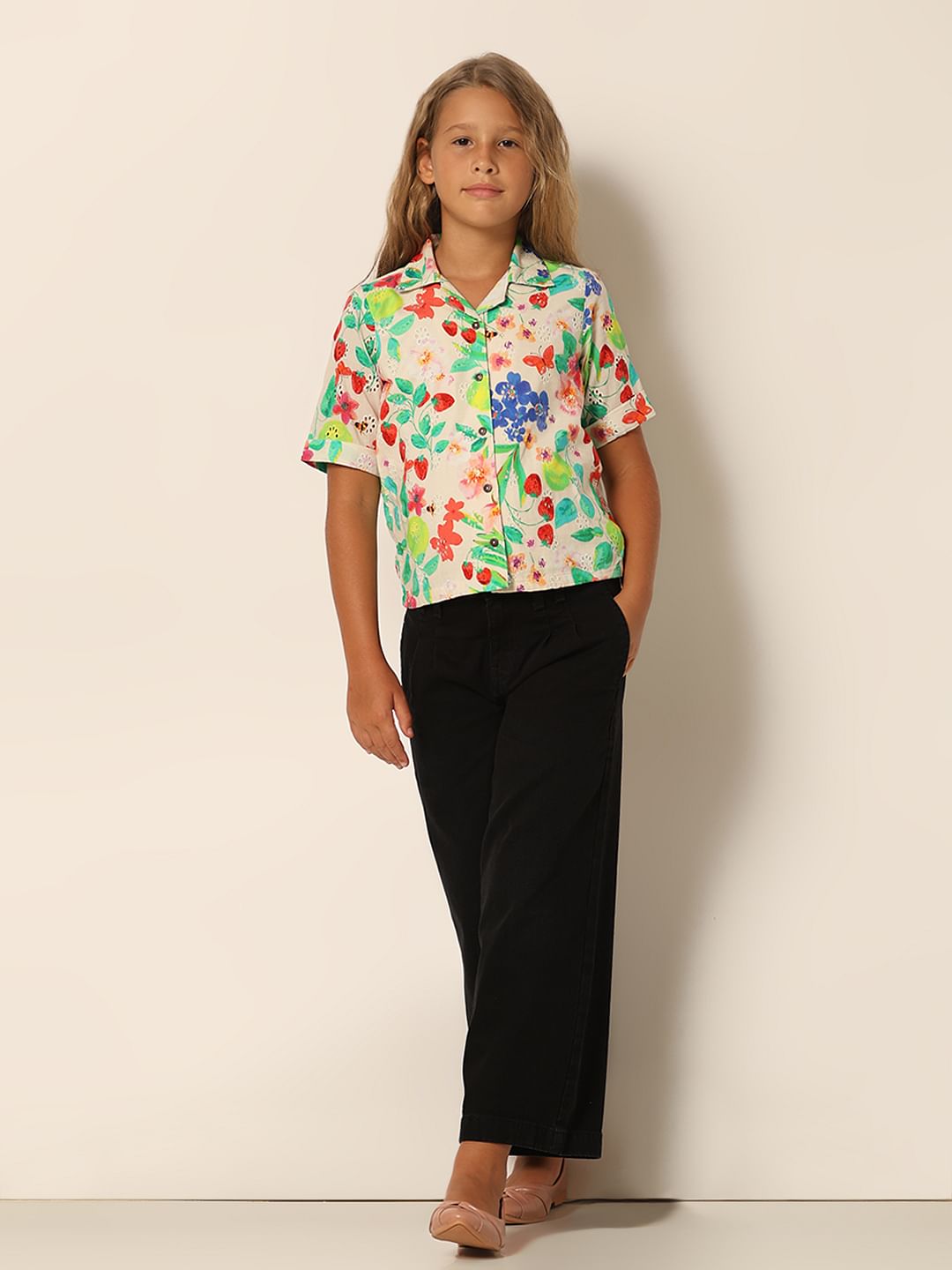 Girls White Floral Resort Shirt