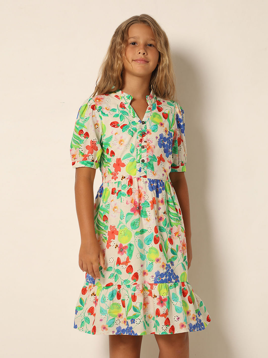 Girls White Floral Textured Dress