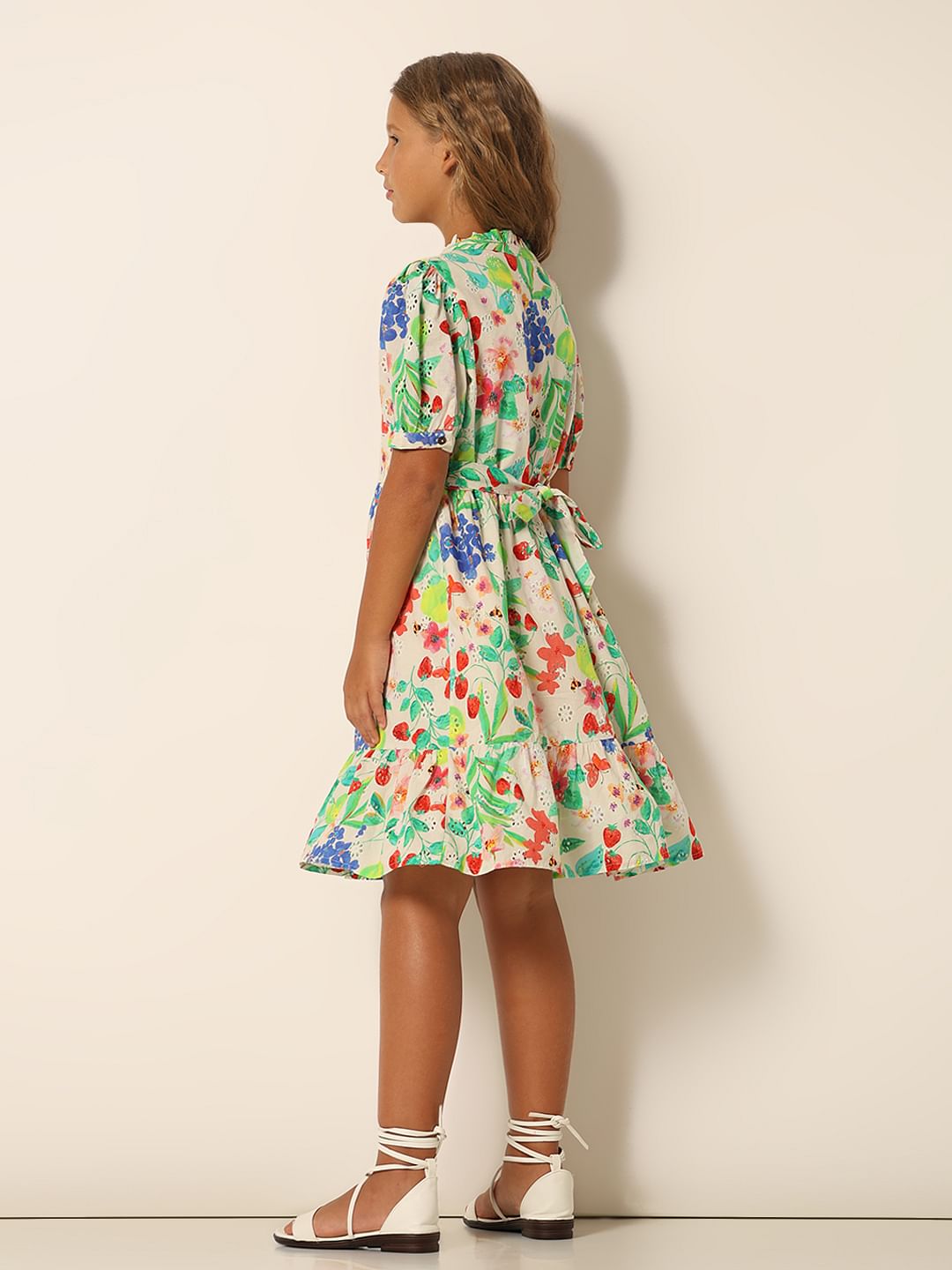 Girls White Floral Textured Dress