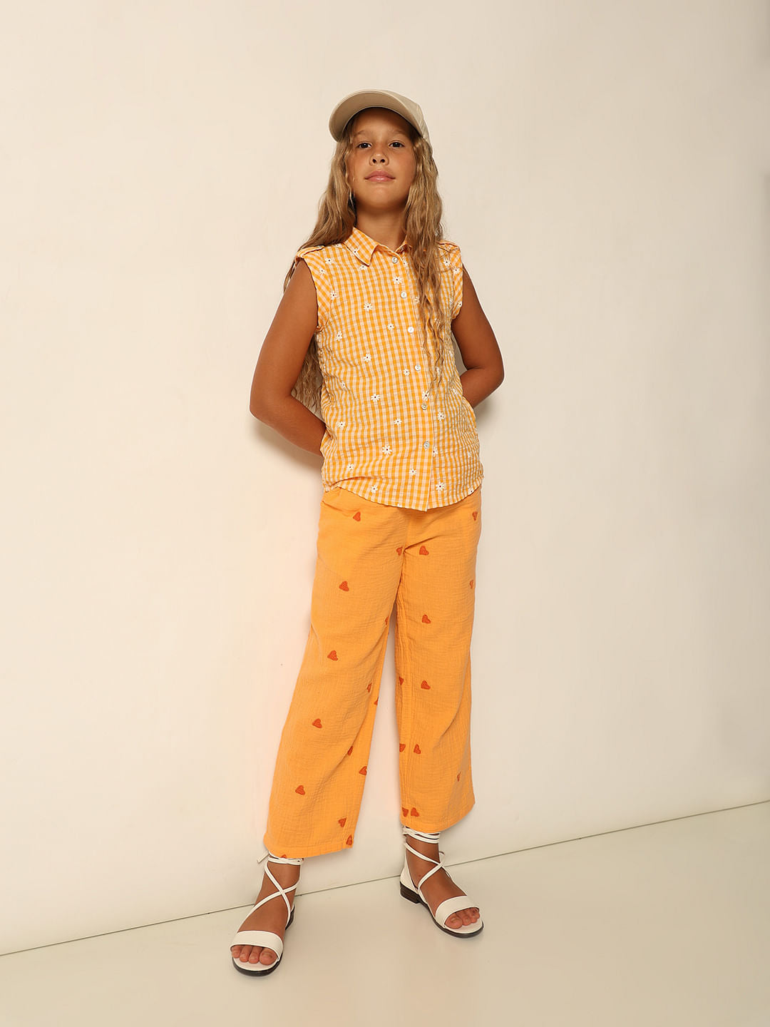 Girls Orange Embroidered Co-Ord Set Straight Fit Pants