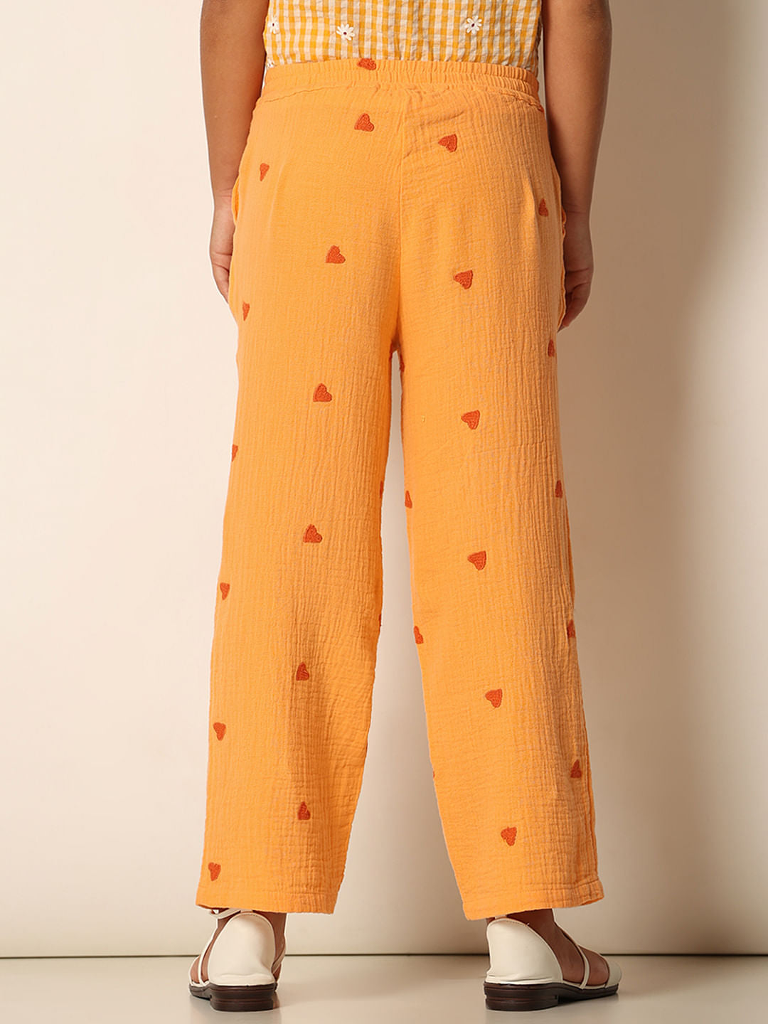 Girls Orange Embroidered Co-Ord Set Straight Fit Pants