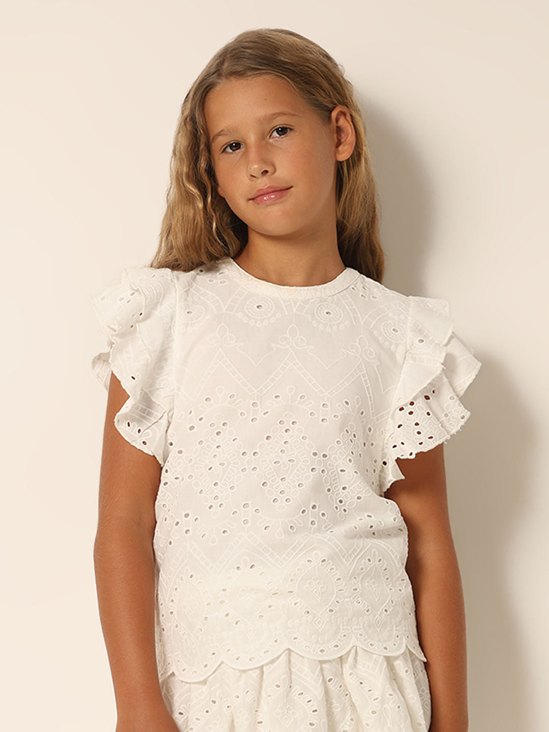 White Schiffli Co-Ord Set Top