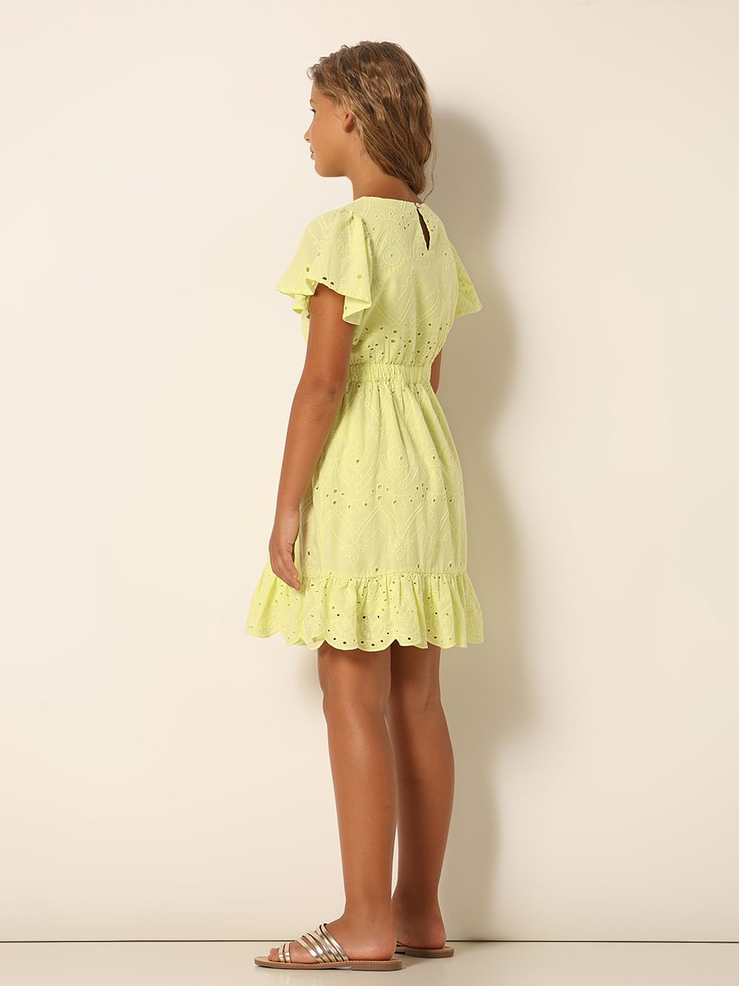Girls Green Schiffli Fit & Flare Dress