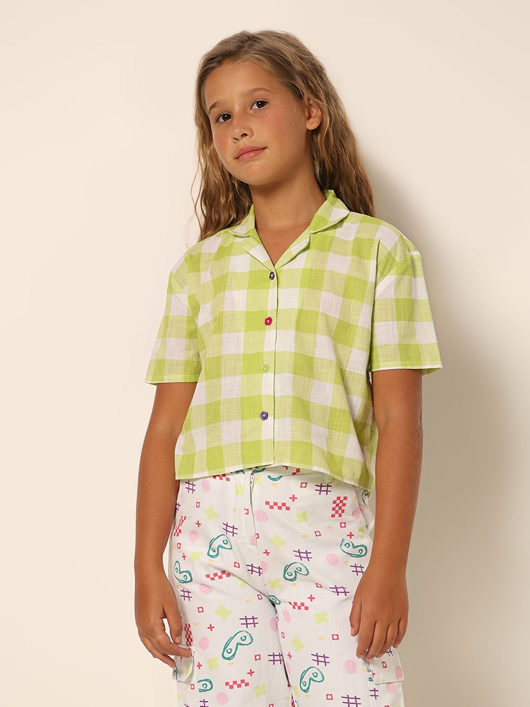 Girls Green Check Cotton Shirt