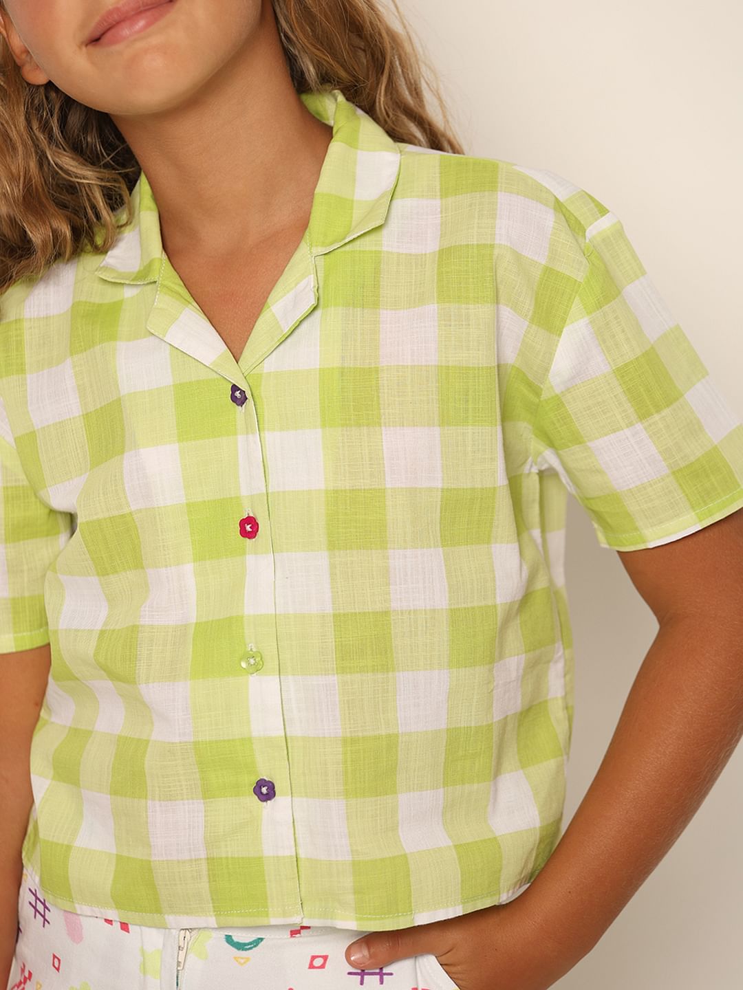 Girls Green Check Cotton Shirt