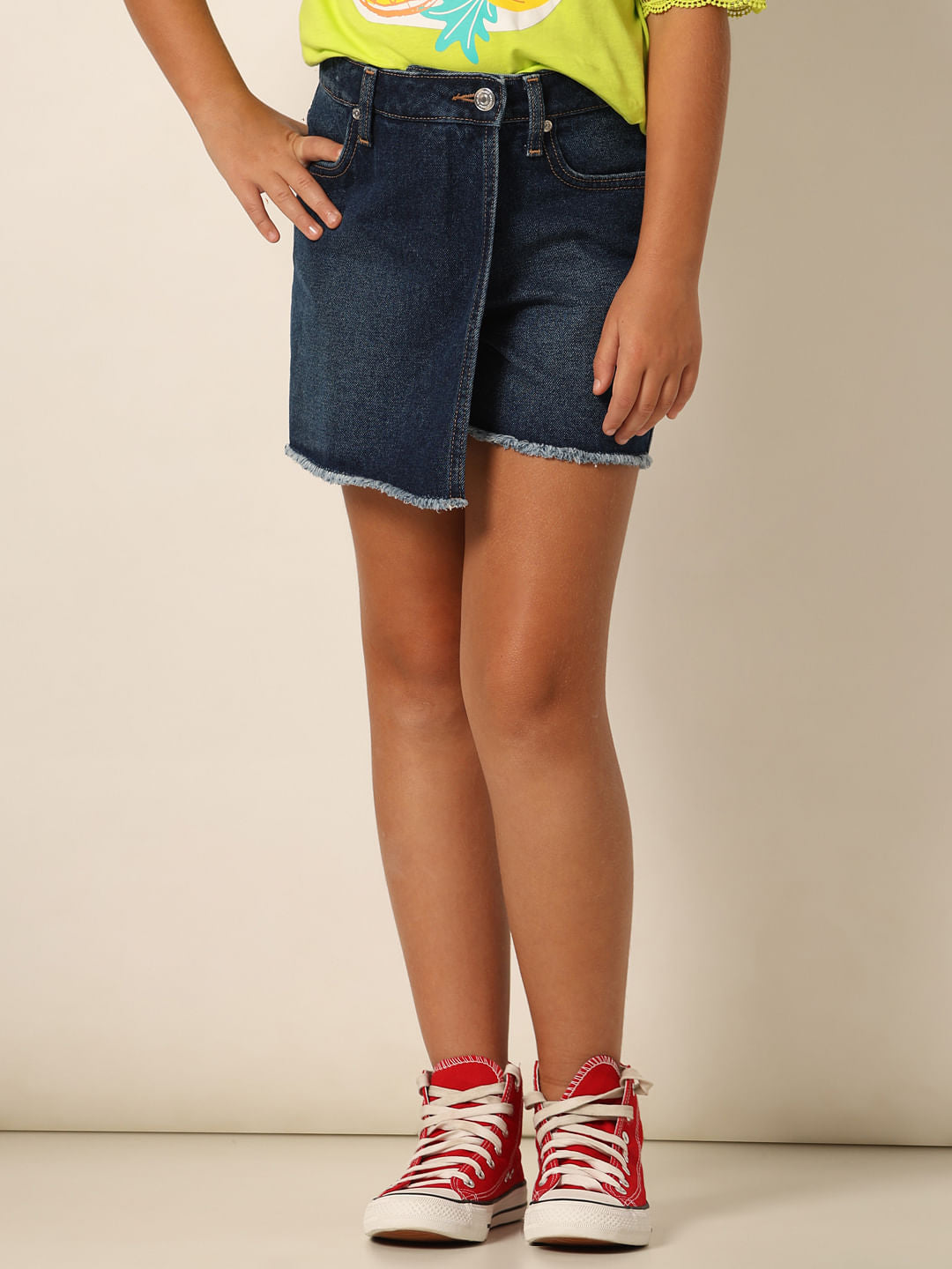 Dark Blue Mid Rise Denim Skorts