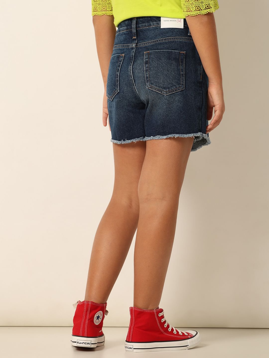 Dark Blue Mid Rise Denim Skorts