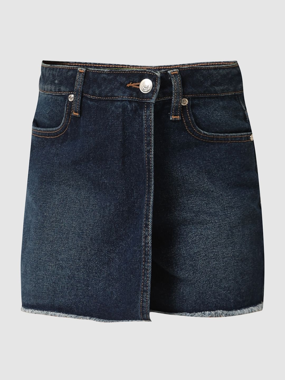 Dark Blue Mid Rise Denim Skorts