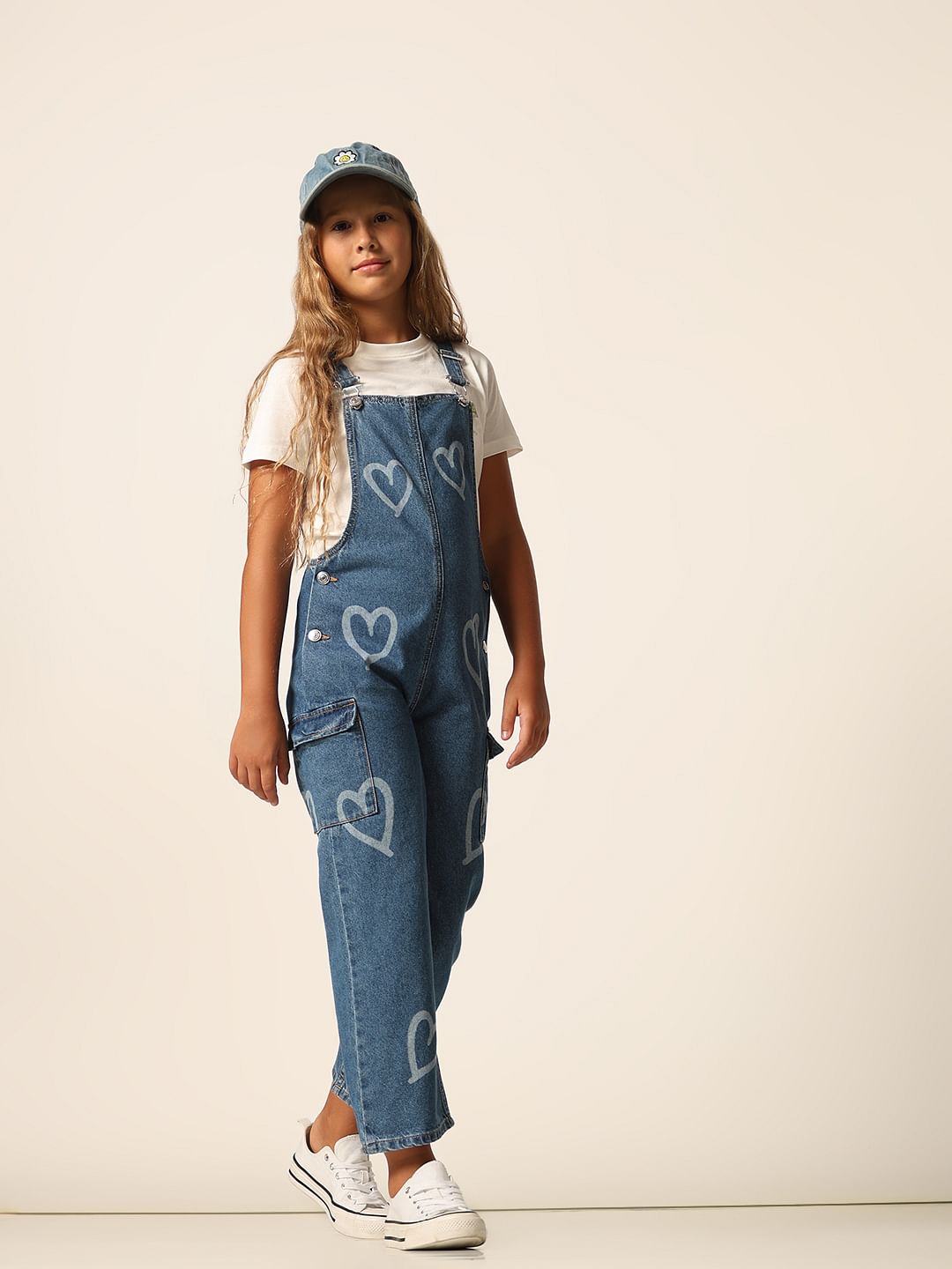 Blue Heart Print Denim Dungaree