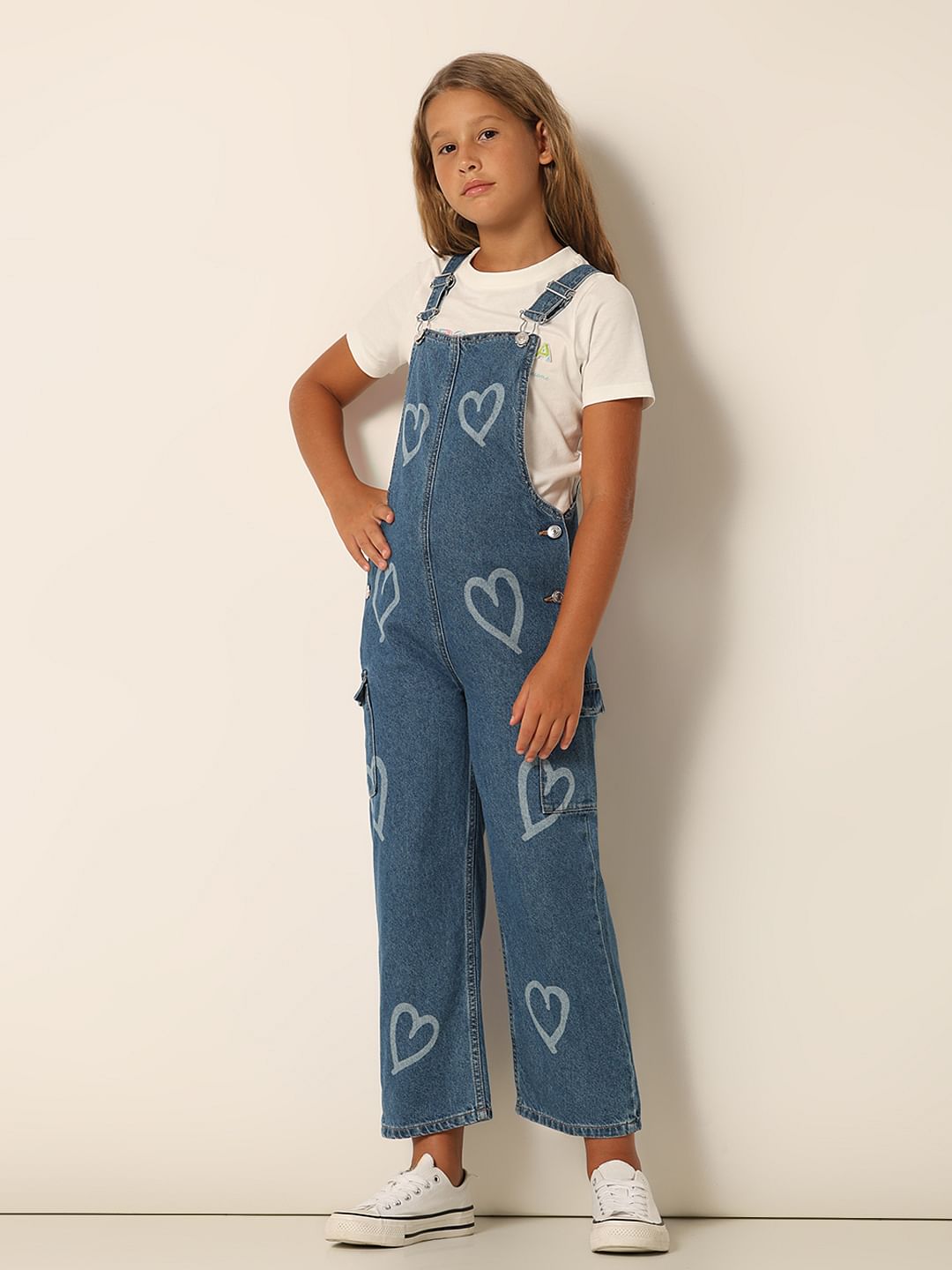 Blue Heart Print Denim Dungaree