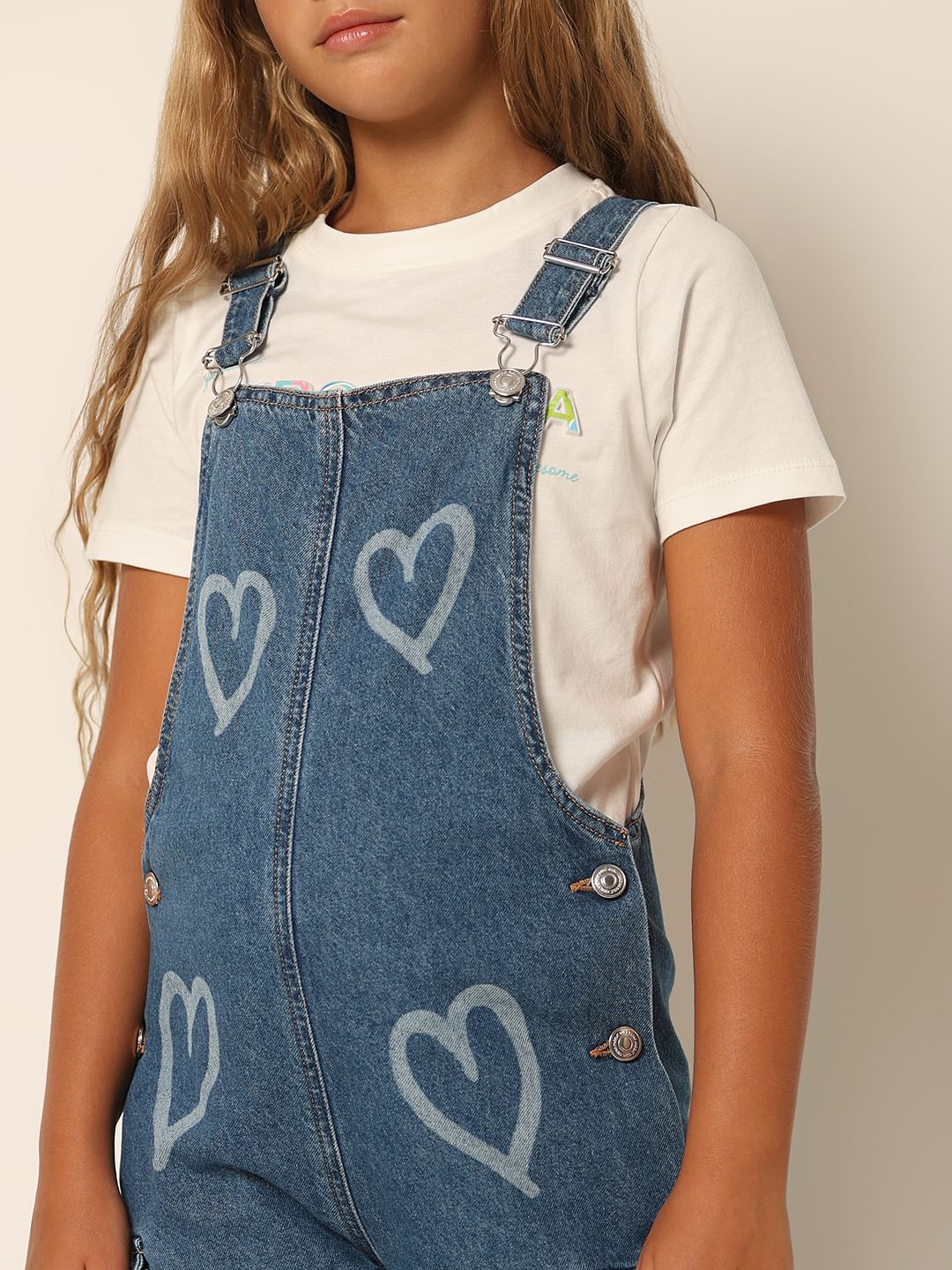 Blue Heart Print Denim Dungaree
