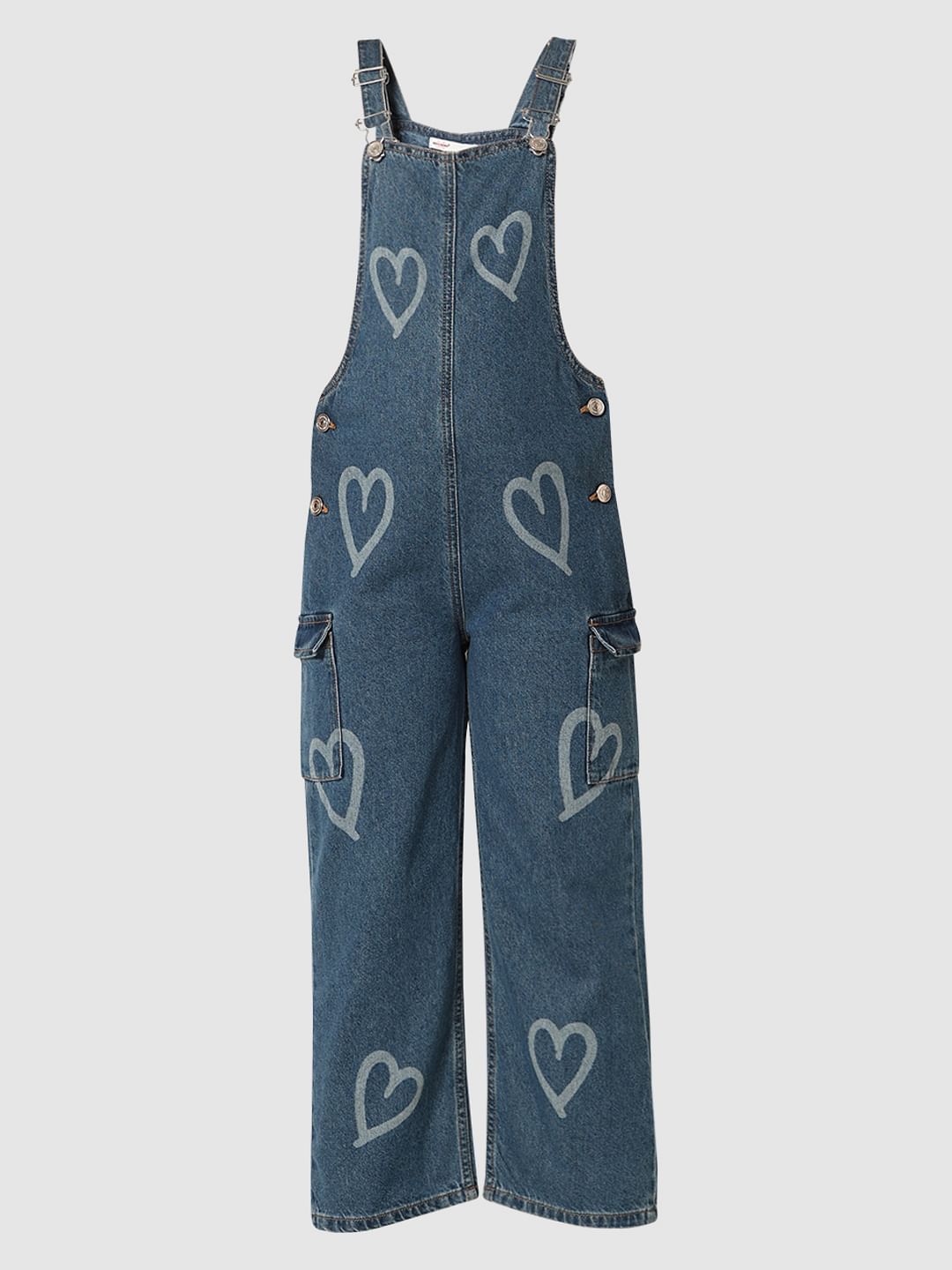 Blue Heart Print Denim Dungaree