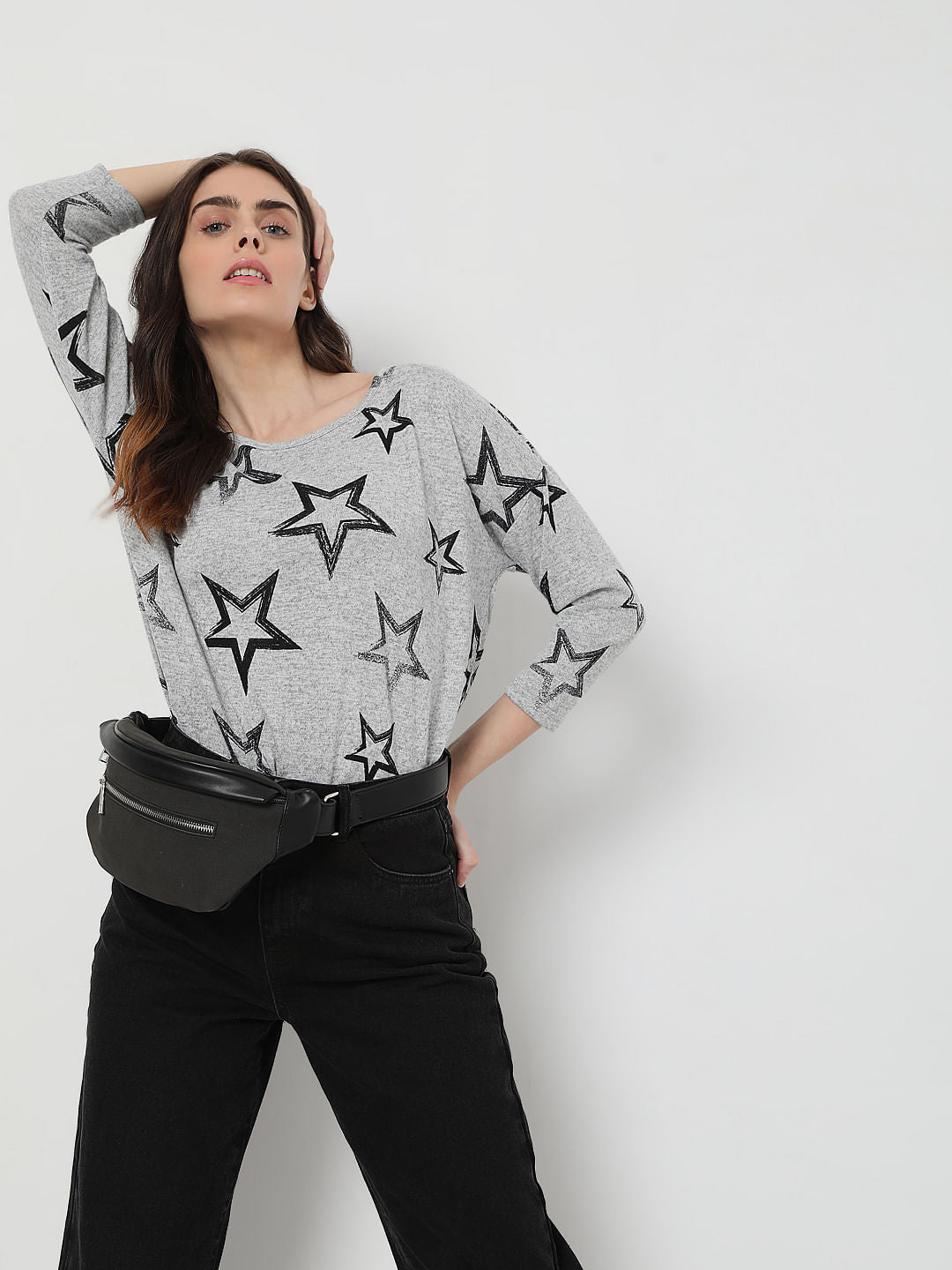 Grey Star Print Top