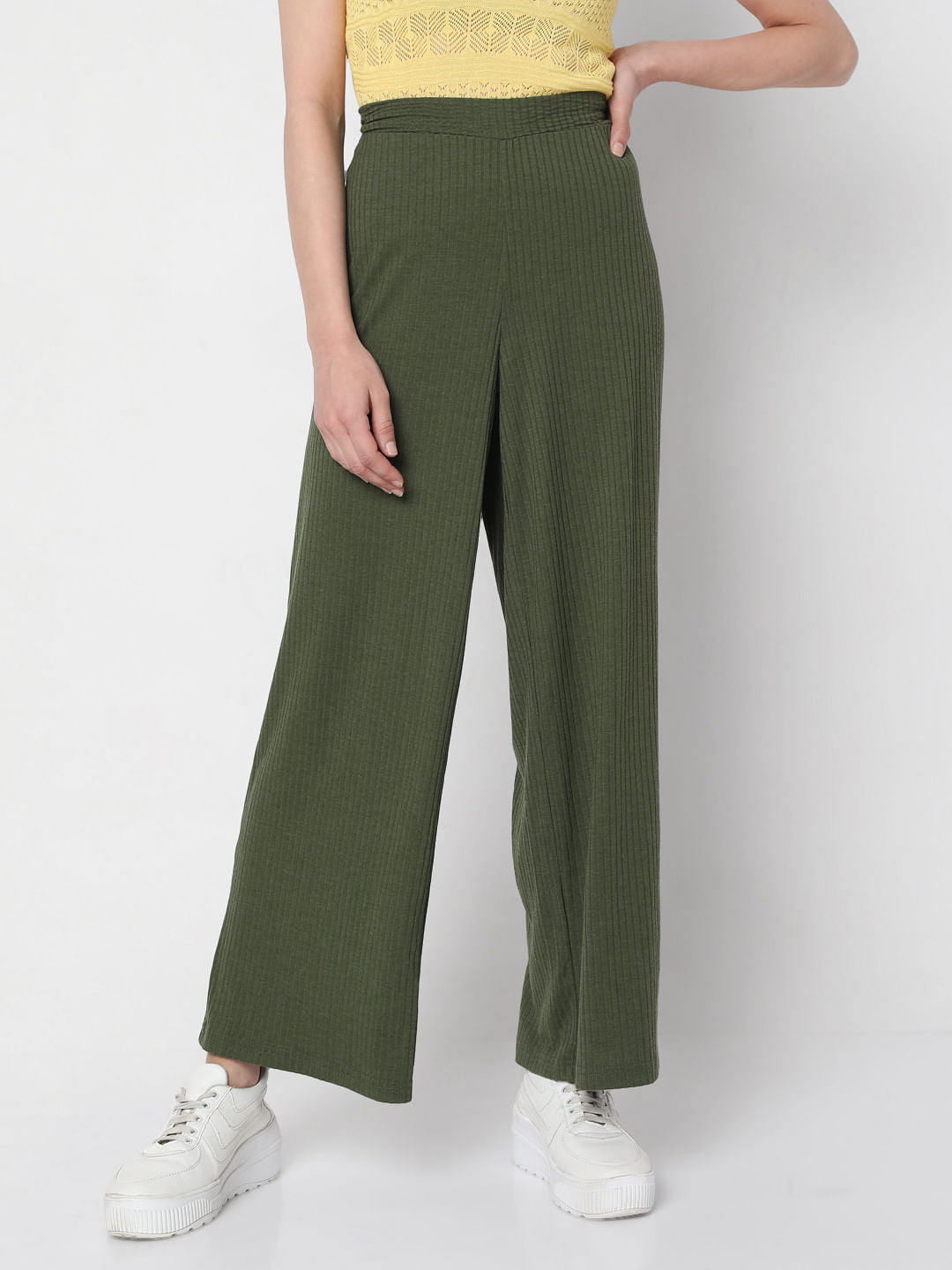 Green Ribbed Wide Leg Pants
