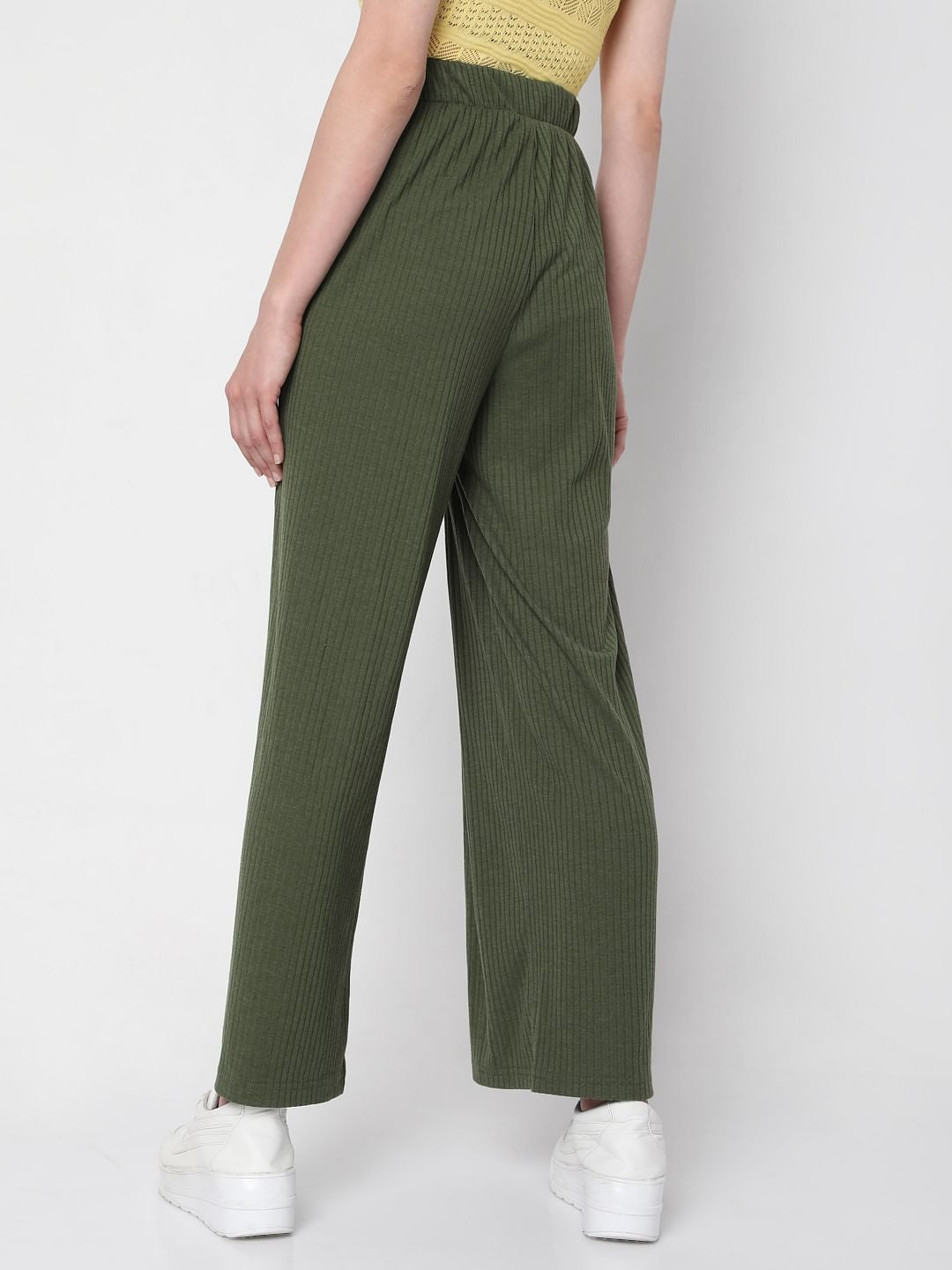 Green Ribbed Wide Leg Pants